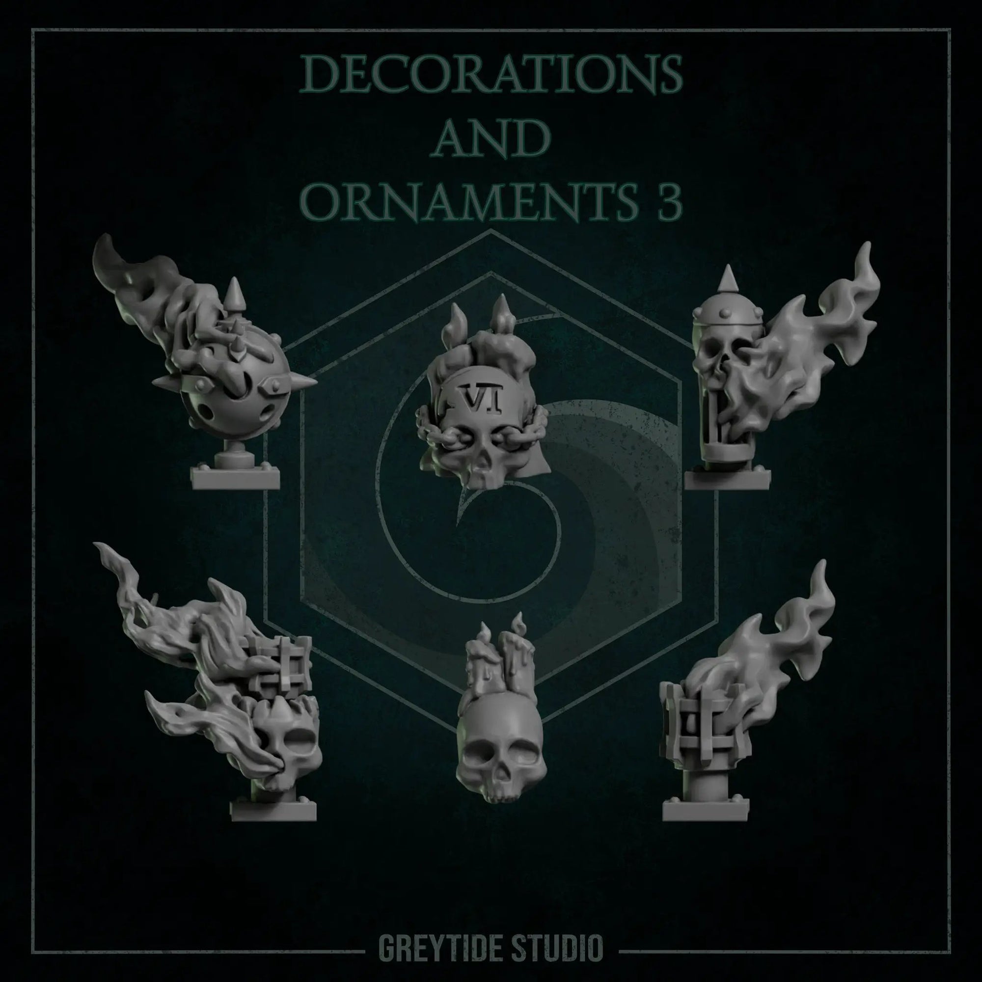 3D printed decorations and ornaments by Last Hope Miniatures, featuring detailed miniature designs from Greytide Studio.