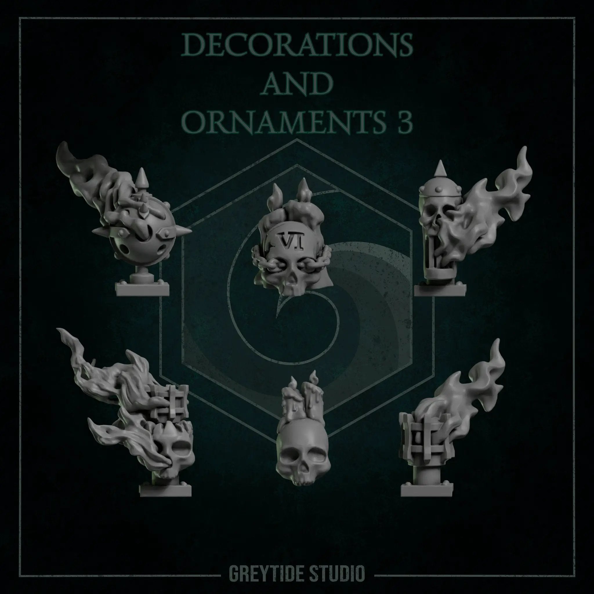 3D printed decorations and ornaments by Last Hope Miniatures, featuring detailed miniature designs from Greytide Studio.