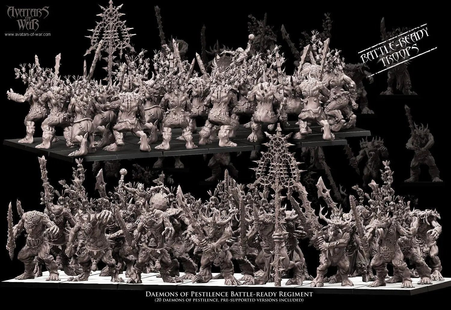 3D printed Demons of Pestilence model by Avatars of War, featuring detailed demonic figures with menacing poses, created by Last Hope Miniatures