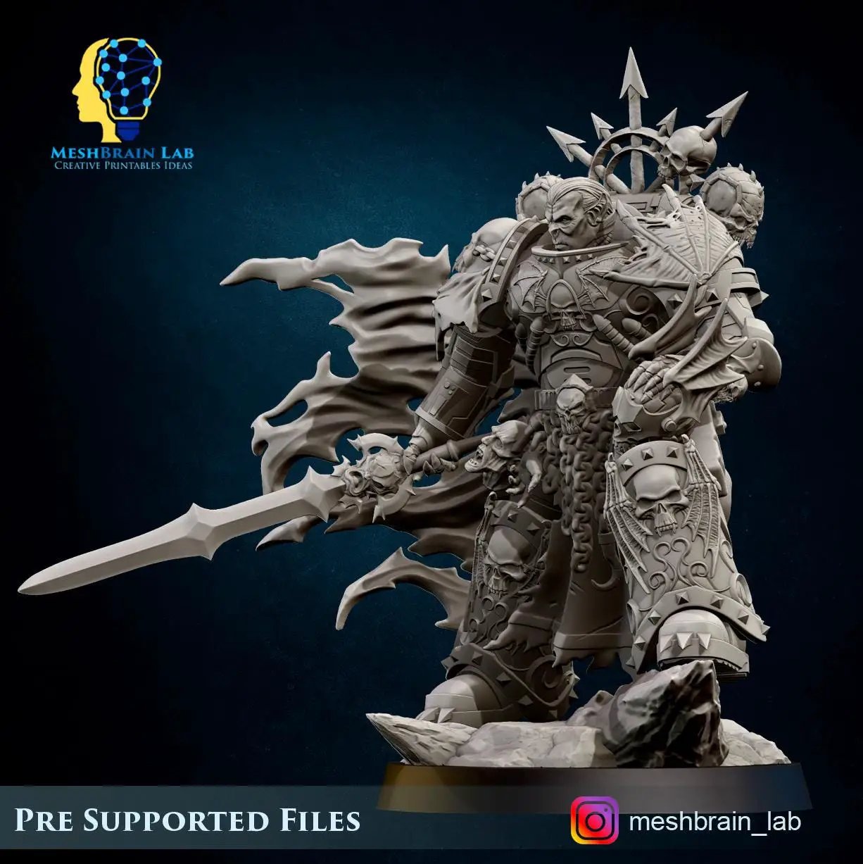 3D printed Doom Marine Dark Knight Lord miniature by Meshbrain Labs, featuring detailed armor and menacing stance.