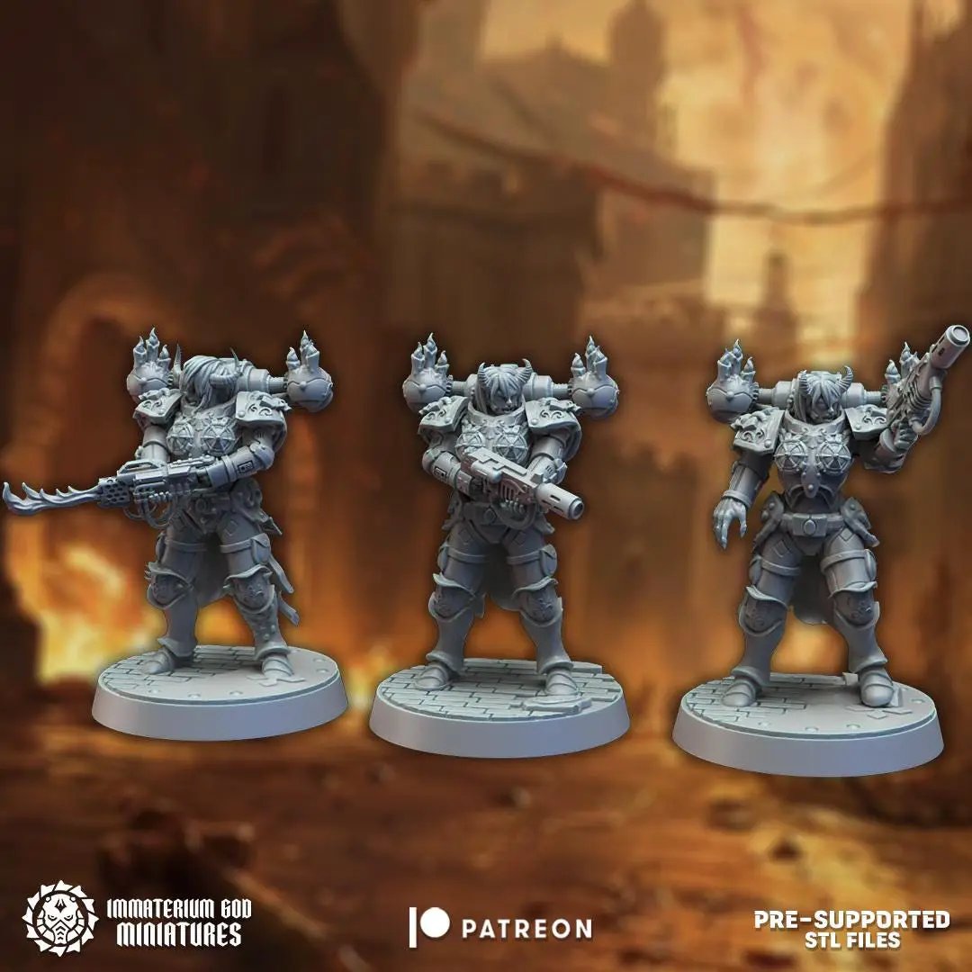 3D printed Doom Sisters miniatures set of six by DakkaDakka Miniatures, displayed on a white background.