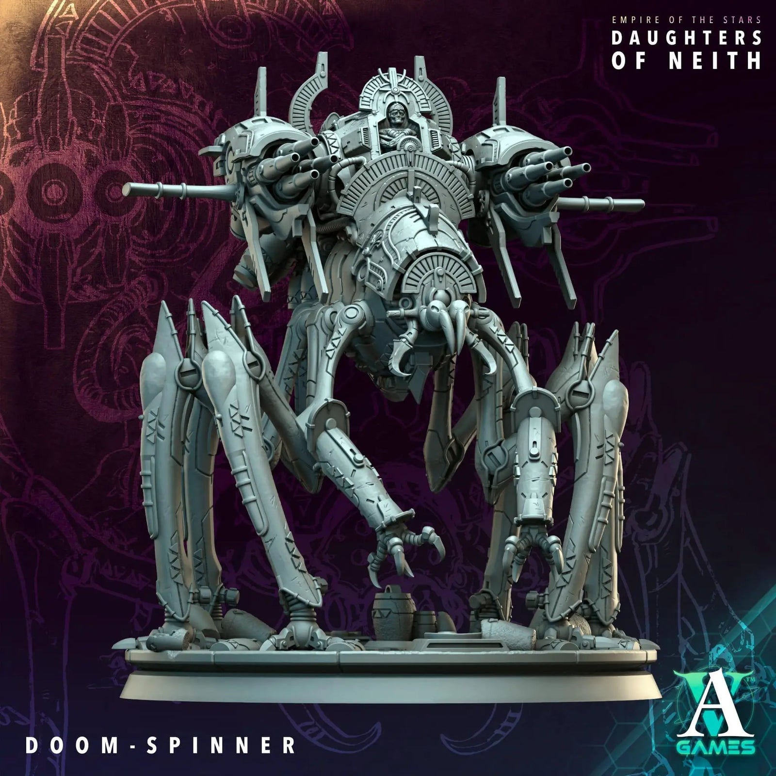 3D printed Doom-Spinner miniature by Last Hope Miniatures for Archvillain Games, featuring detailed sci-fi design and intricate textures.