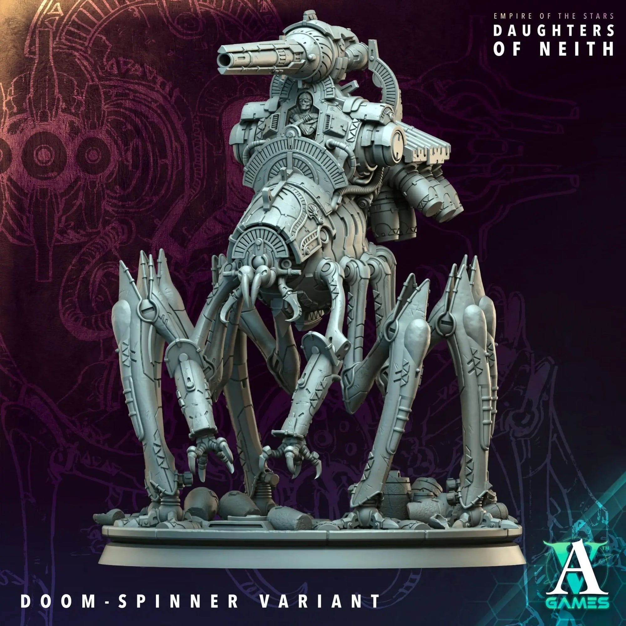 3D printed Doom-Spinner miniature by Last Hope Miniatures for Archvillain Games, detailed sci-fi gaming piece on a white background.