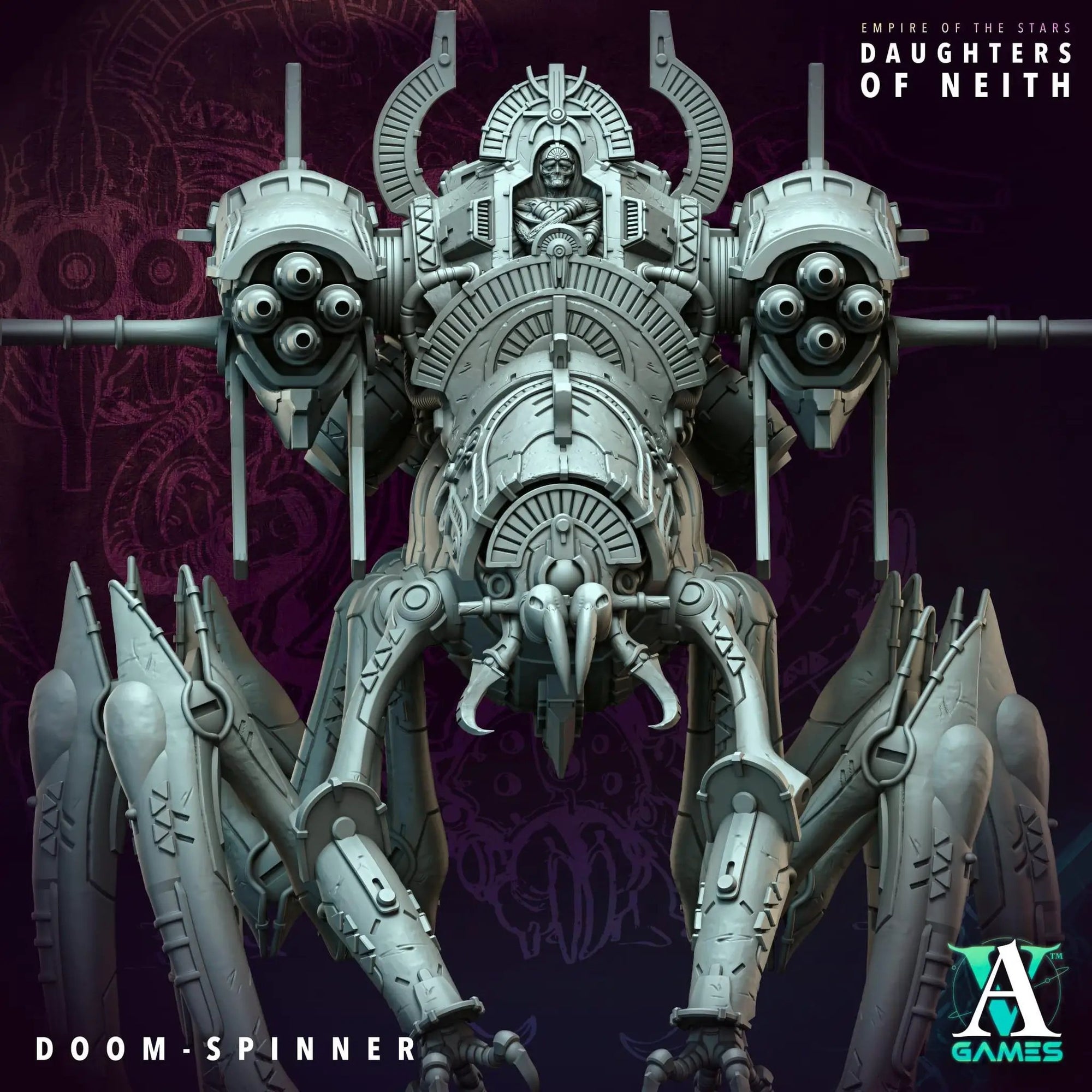 3D printed Doom-Spinner miniature by Last Hope Miniatures for Archvillain Games, featuring detailed design and intricate textures.