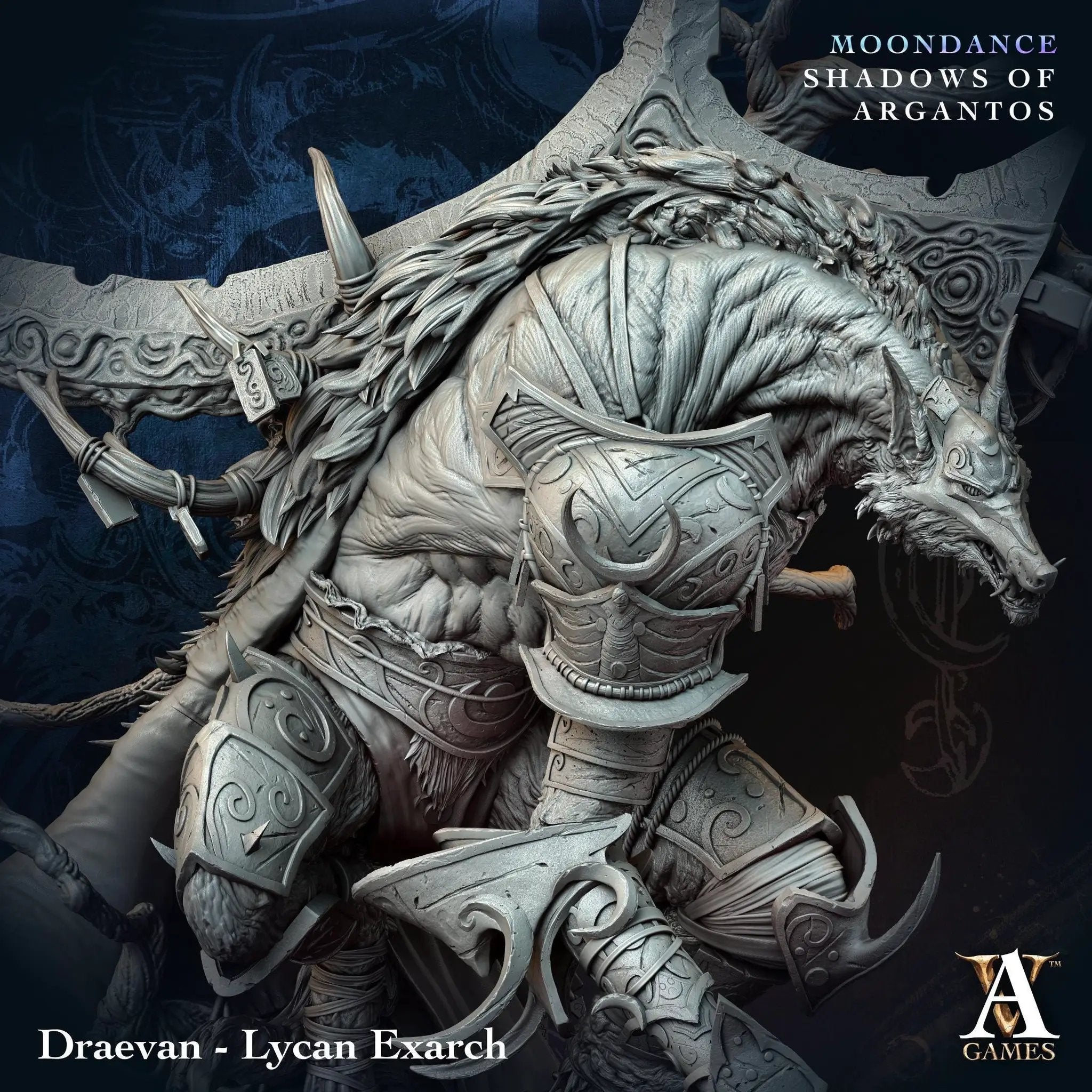 3D printed Draevan Lycan Exarch miniature by Last Hope Miniatures, detailed fantasy creature with intricate armor and fierce stance.