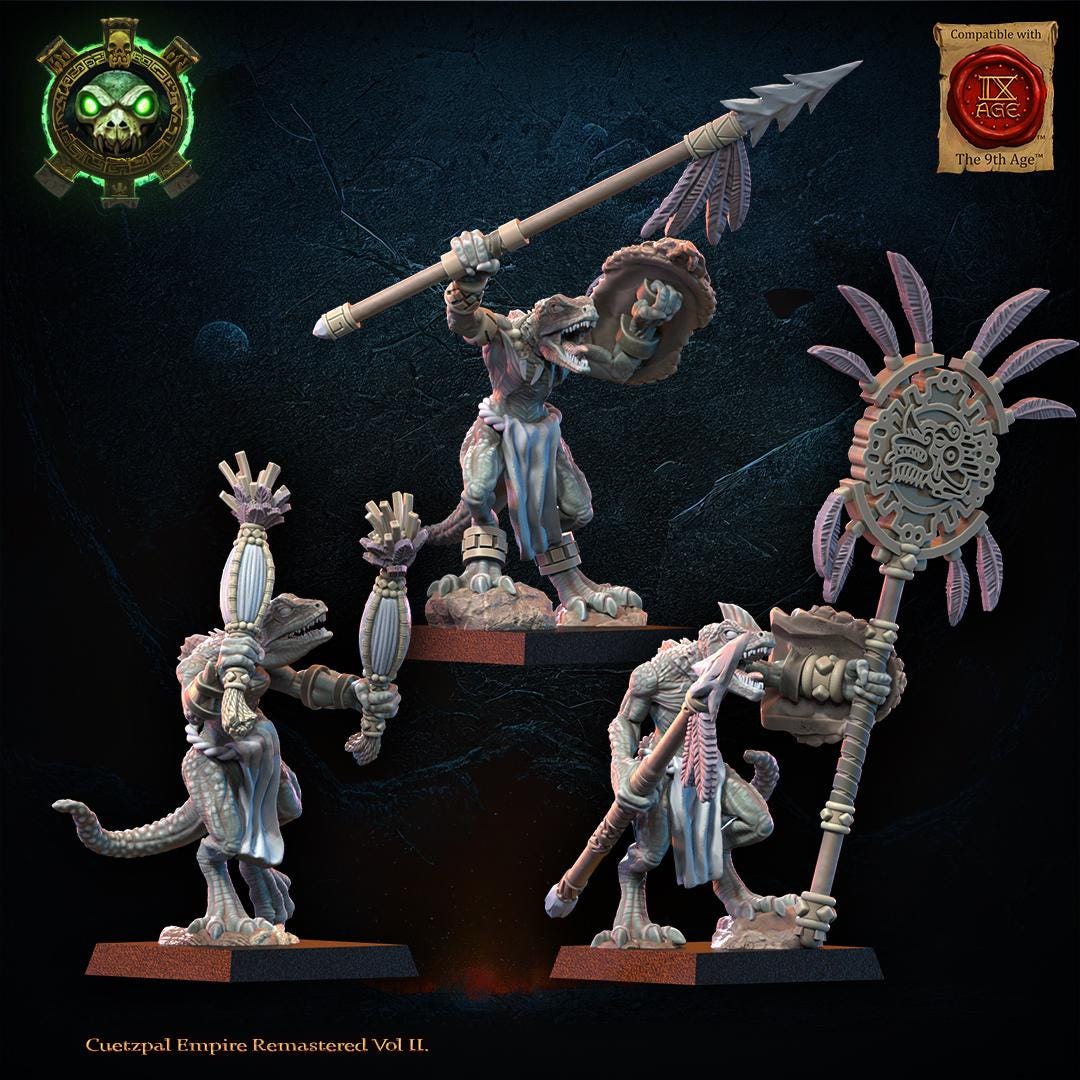 3D printed Dragon Kin Spear Command Group by Lost Kingdom Miniatures, featuring detailed dragon-themed miniature figures for tabletop gaming.