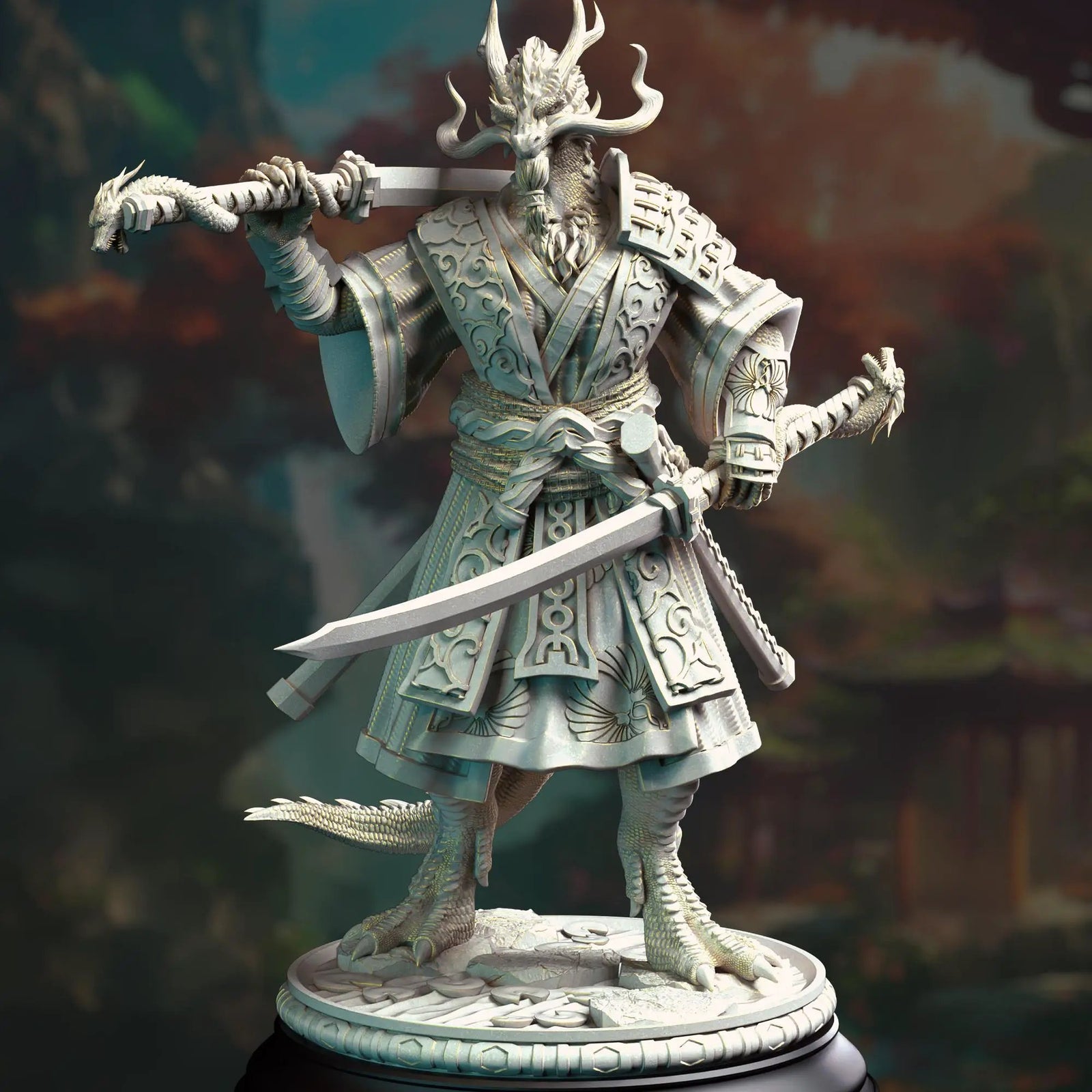 3D printed Dragonborn Samurai miniature by Last Hope Miniatures, detailed figure with armor and weapon in vibrant colors.