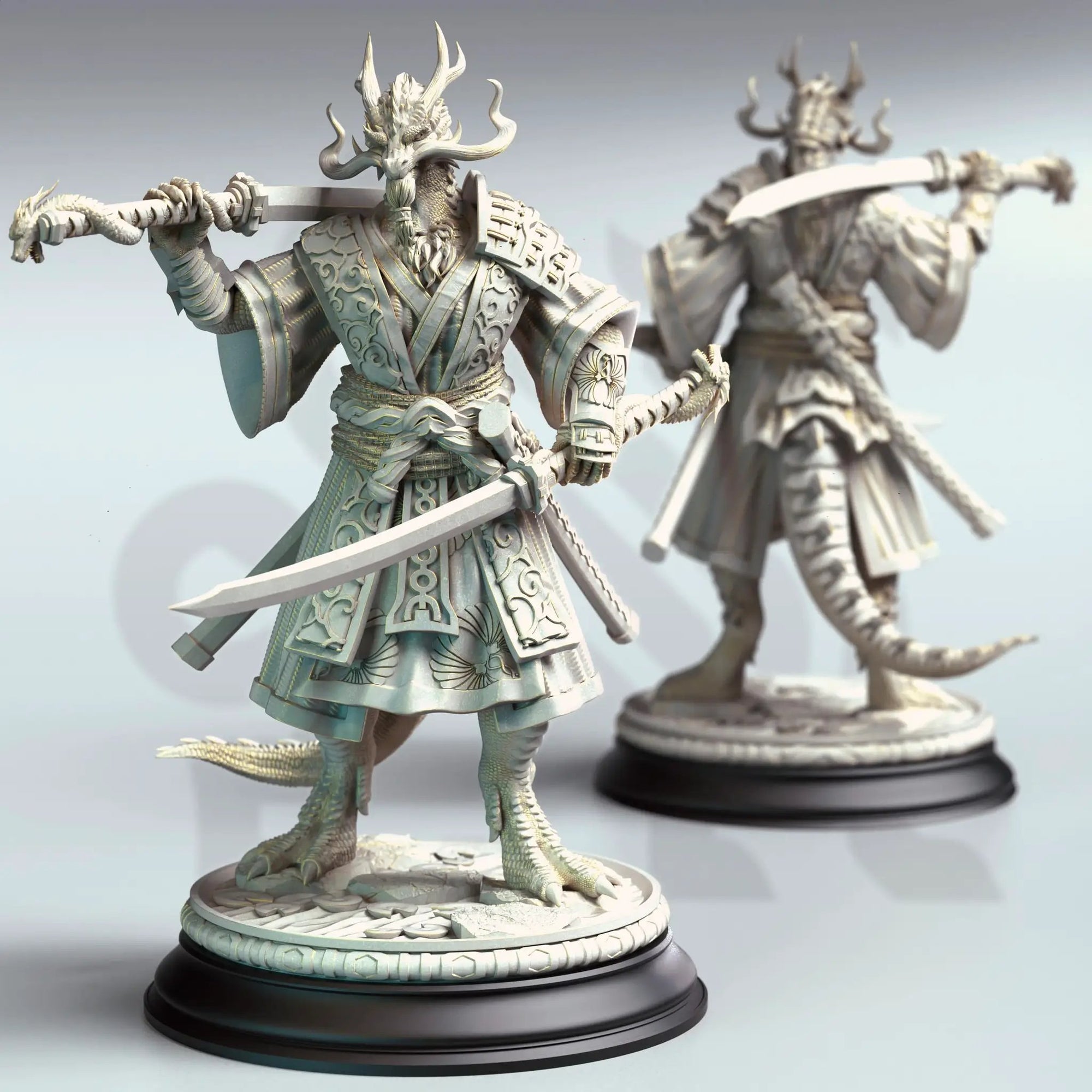 3D printed Dragonborn Samurai miniature by Last Hope Miniatures, featuring detailed scales and armor, on a scenic base.