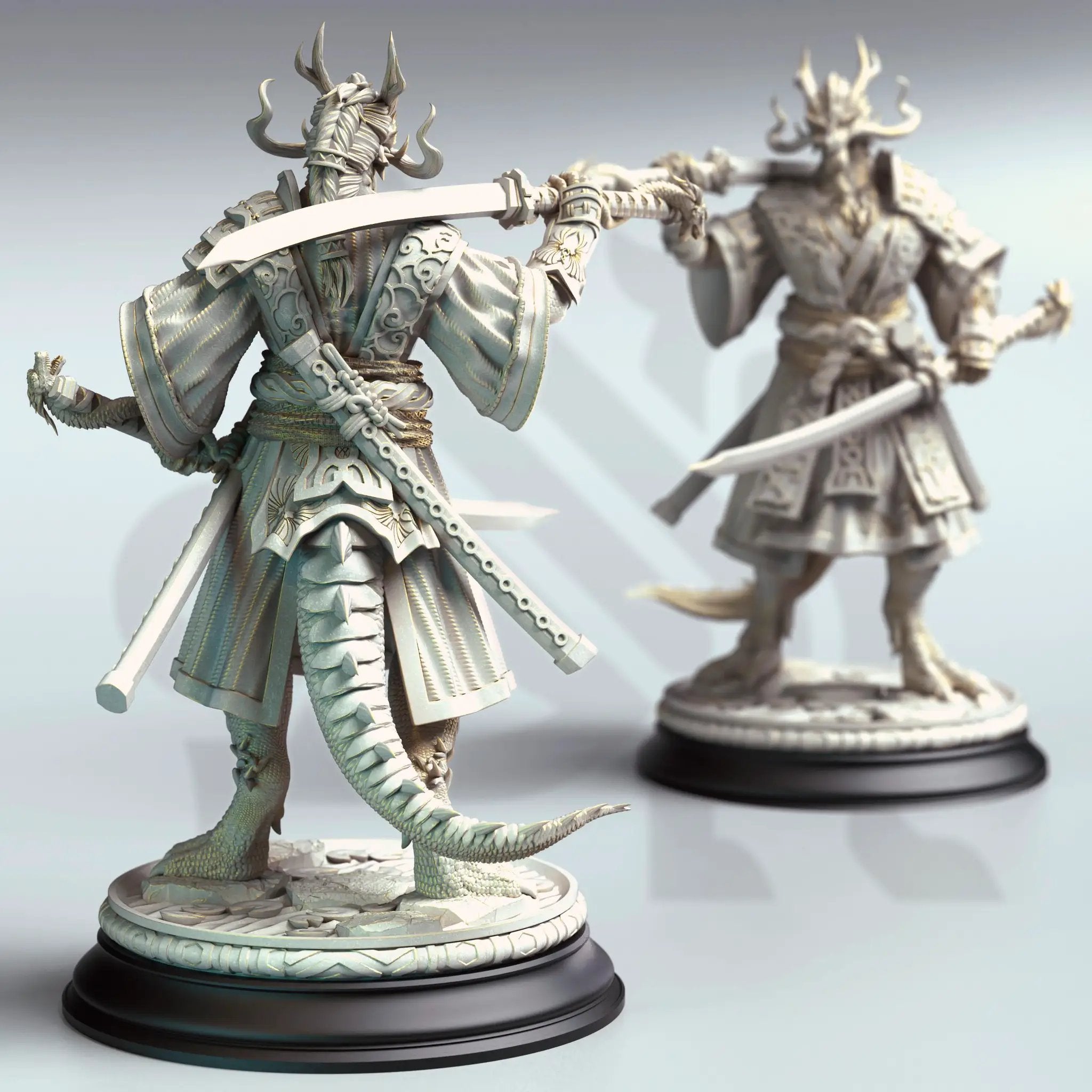 3D printed Dragonborn Samurai miniature by Last Hope Miniatures, showcasing detailed armor and weaponry in a dynamic pose.