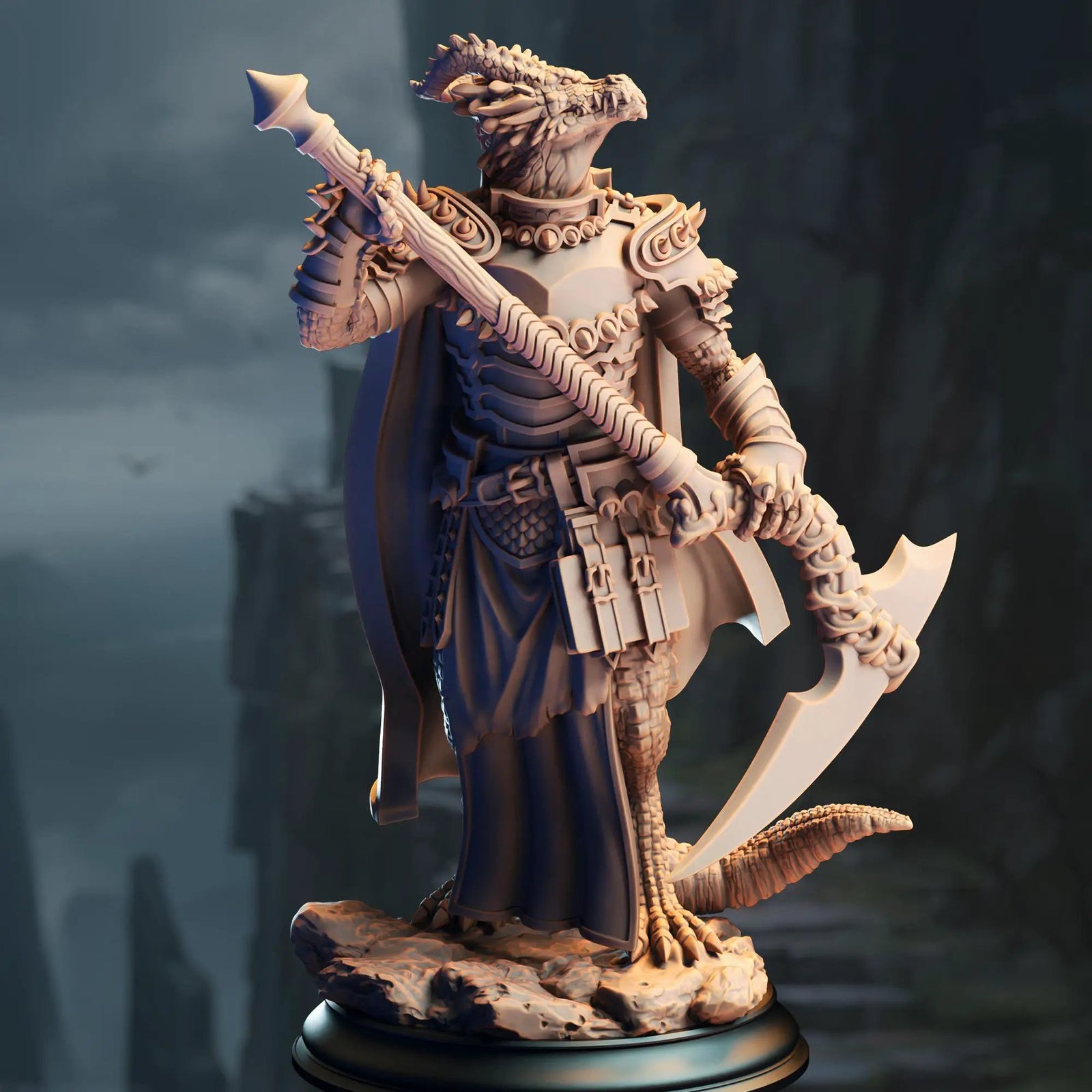 3D printed Dragonborn Warlock miniature by Last Hope Miniatures, detailed fantasy figure for tabletop gaming and collection.