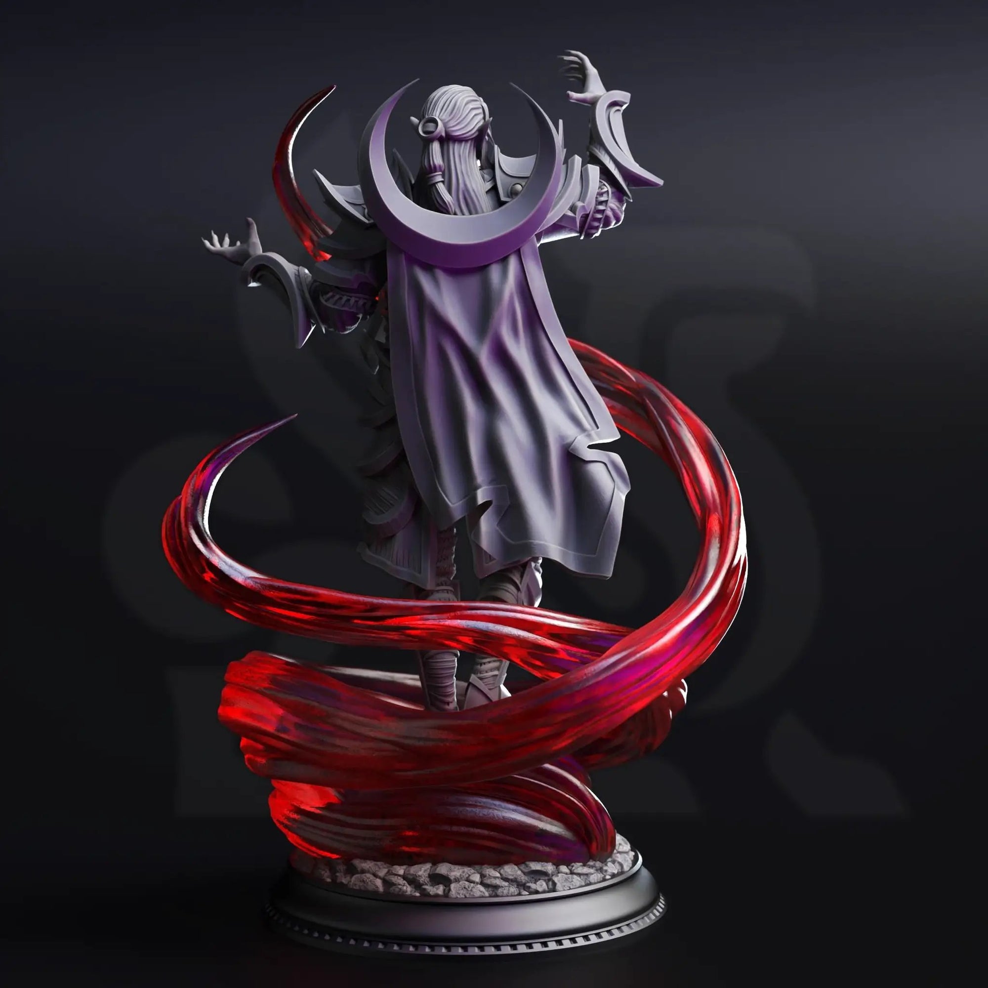 3D printed Drow Lunar Sorcerer miniature by Last Hope Miniatures from DM Stash, showing detailed dark elf with mystical lunar accessories.