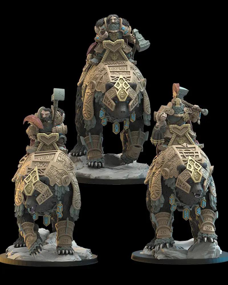 Three 3D printed dwarf bear rider miniatures by Last Hope Miniatures for Lost Kingdom Miniatures, detailed fantasy dwarf figures.