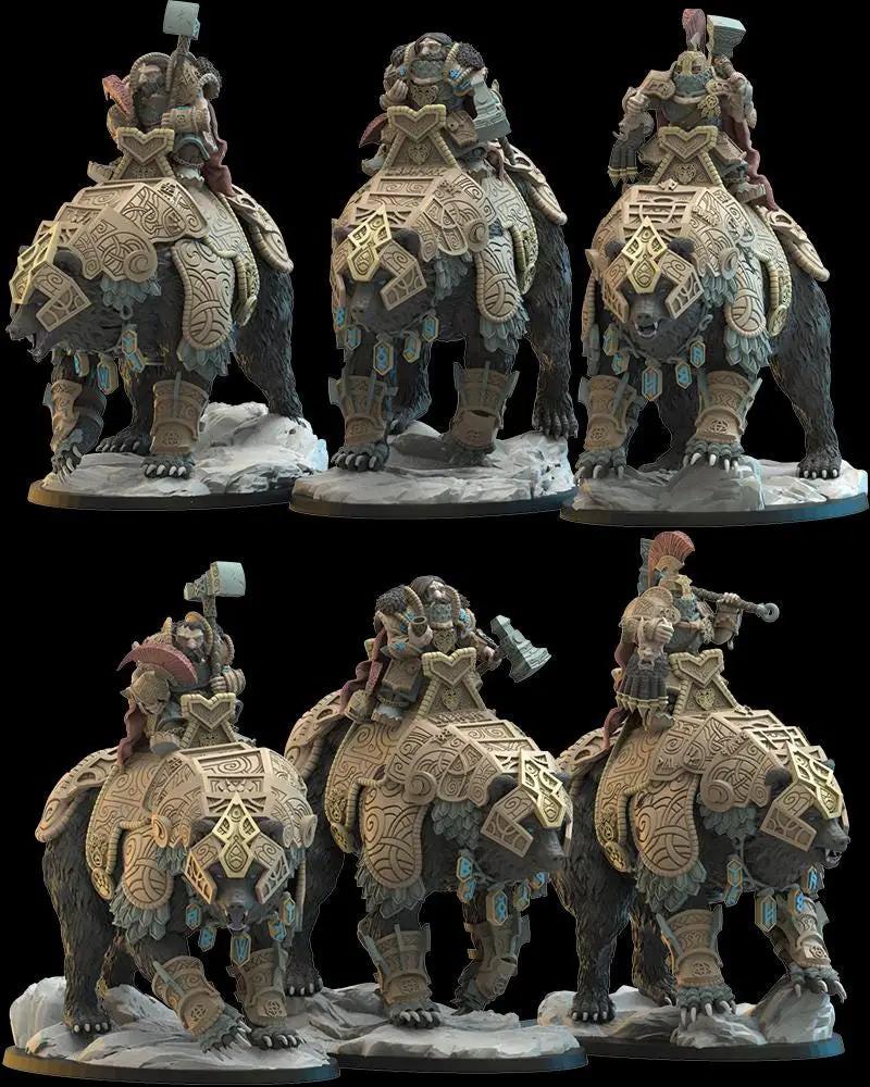 Three 3D printed dwarf bear riders miniatures by Last Hope Miniatures for Lost Kingdom Miniatures, detailed dwarf figures on bear mounts.