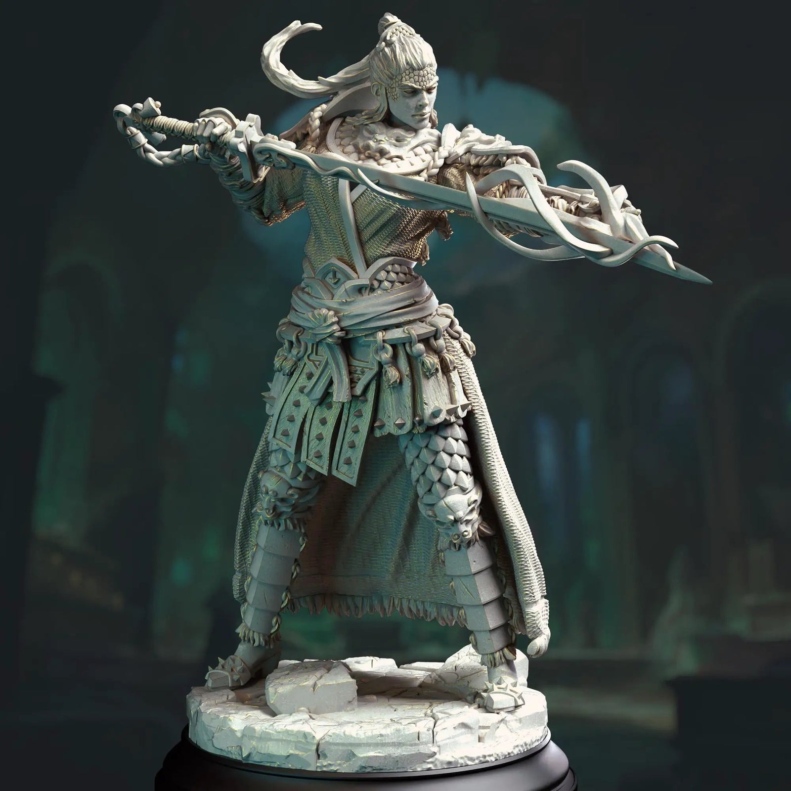 3D printed Eastern Pureblood Spellsword miniature by Last Hope Miniatures for DM Stash, featuring detailed armor and magical staff.