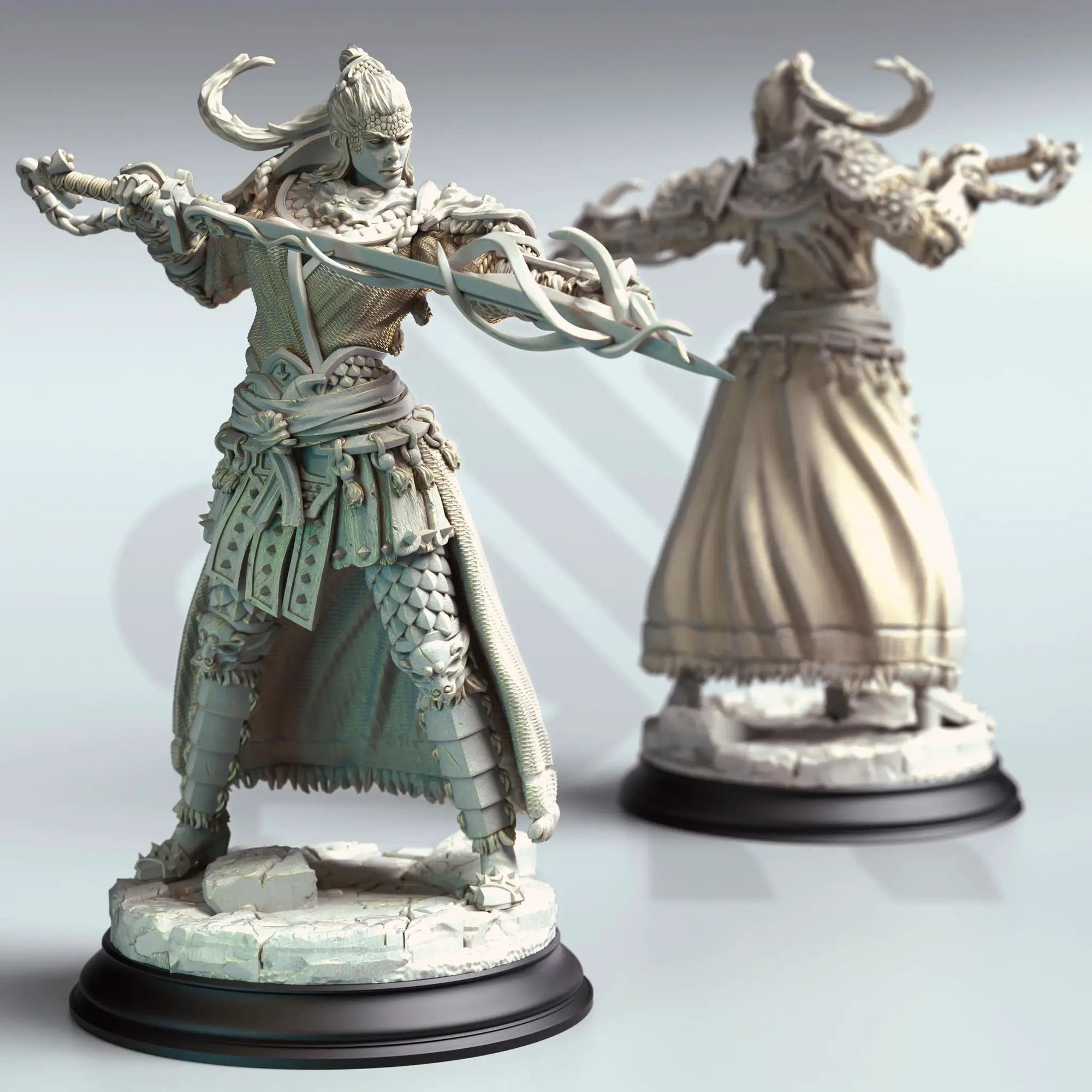 3D printed Eastern Pureblood Spellsword miniature by Last Hope Miniatures for DM Stash, featuring detailed armor and magical staff.