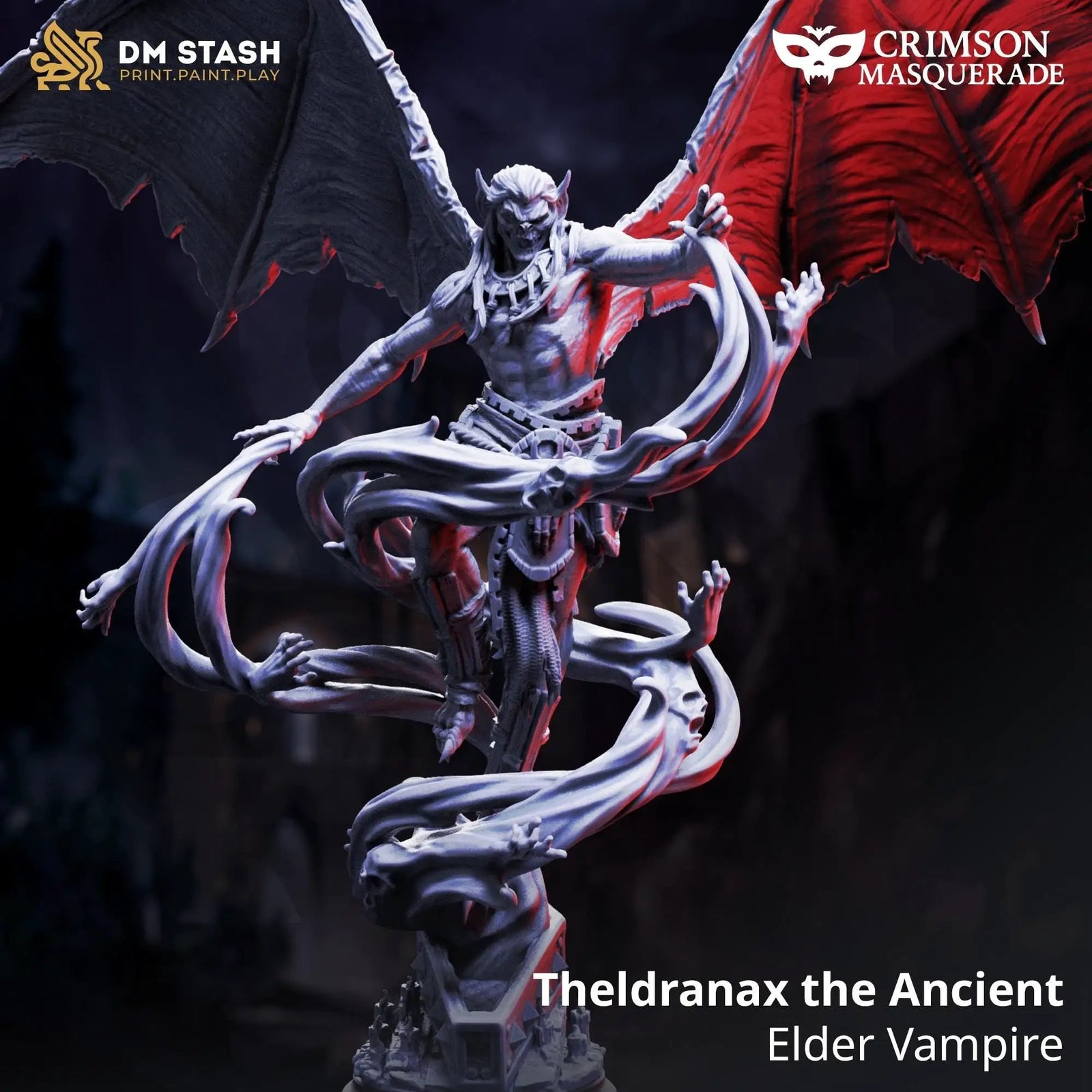 3D printed Elder Vampire miniature Theldranax the Ancient by Last Hope Miniatures from DM Stash, detailed vampire figure with elaborate armor.
