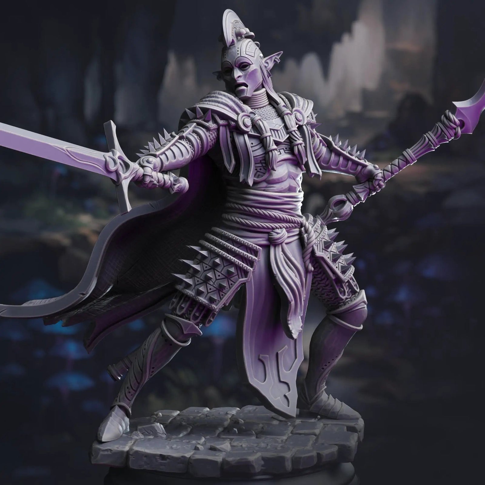 3D printed Elite Drow House Guard miniature by Last Hope Miniatures, showing detailed dark elf armor and weaponry.