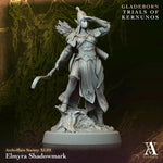 3D printed Elmyra Shadowmark miniature by Last Hope Miniatures for Archvillain Games, detailed fantasy character model.