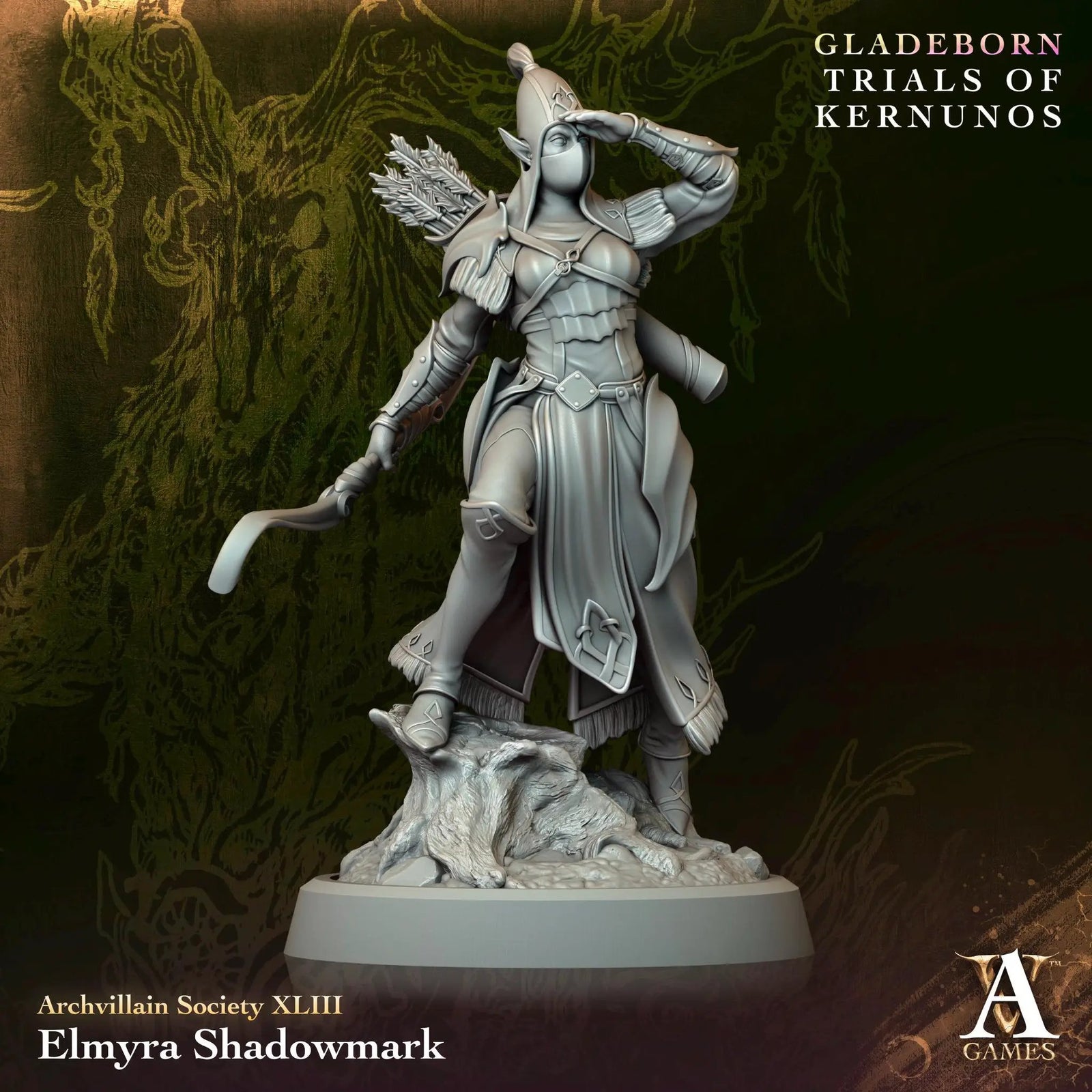3D printed Elmyra Shadowmark miniature by Last Hope Miniatures for Archvillain Games, detailed fantasy character model.
