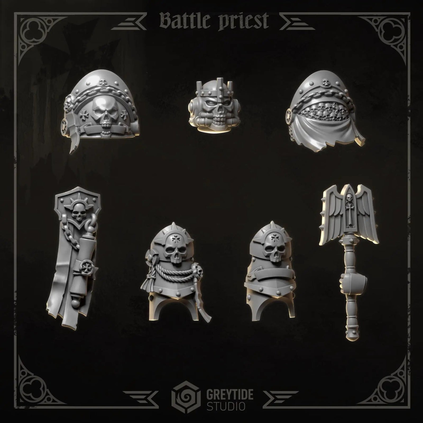 3D printed Eternal Crusader Battle Priest upgrade kit by Last Hope Miniatures for Greytide Studio, featuring detailed miniature components.