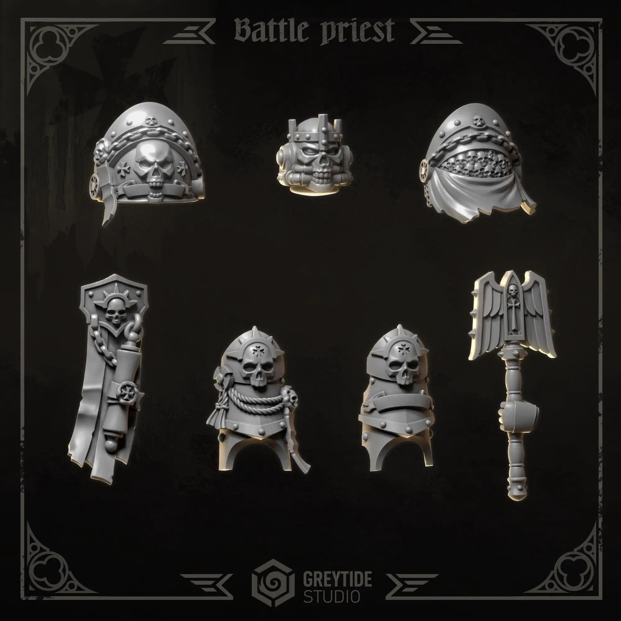 3D printed Eternal Crusader Battle Priest upgrade kit by Last Hope Miniatures for Greytide Studio, featuring detailed miniature components.