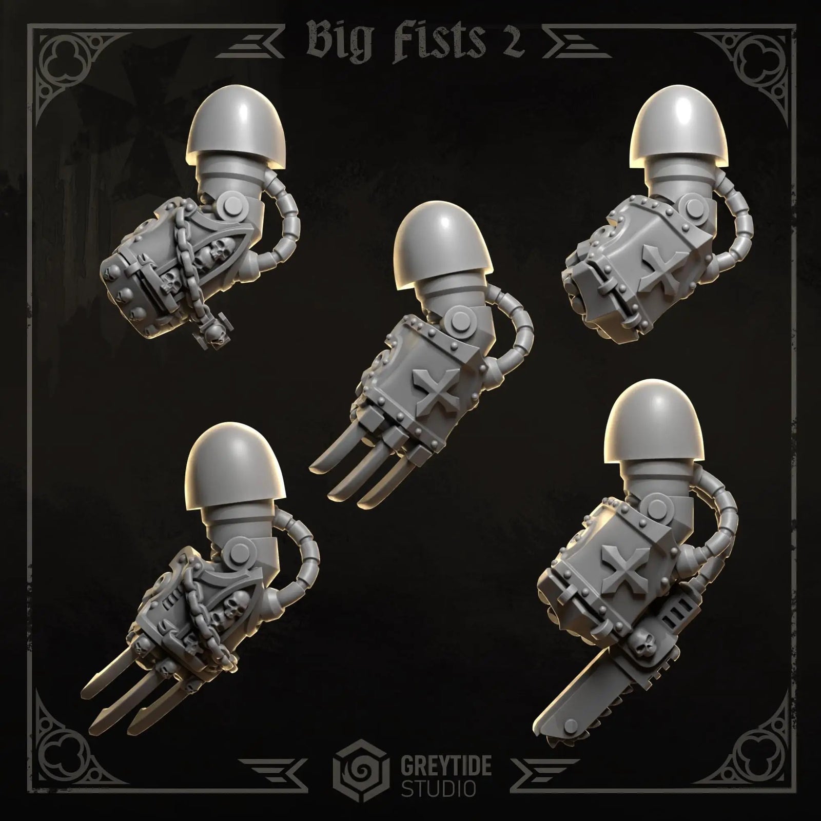 3D printed Eternal Crusader Big Fists upgrade kit by Greytide Studio for Last Hope Miniatures, showing ten detailed fists on a white background.