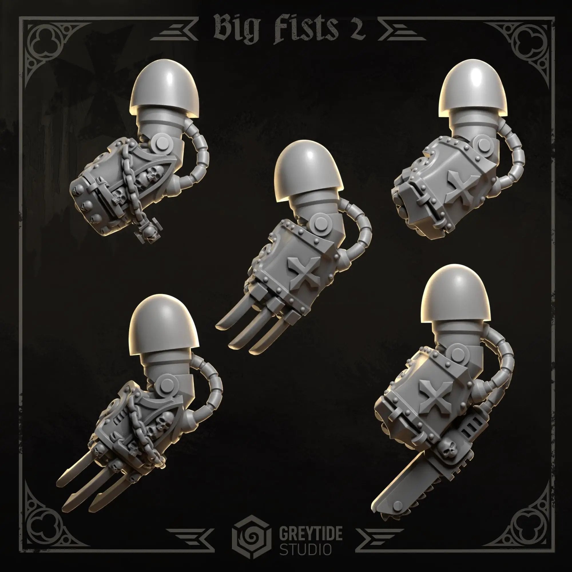 3D printed Eternal Crusader Big Fists upgrade kit by Greytide Studio for Last Hope Miniatures, showing ten detailed fists on a white background.