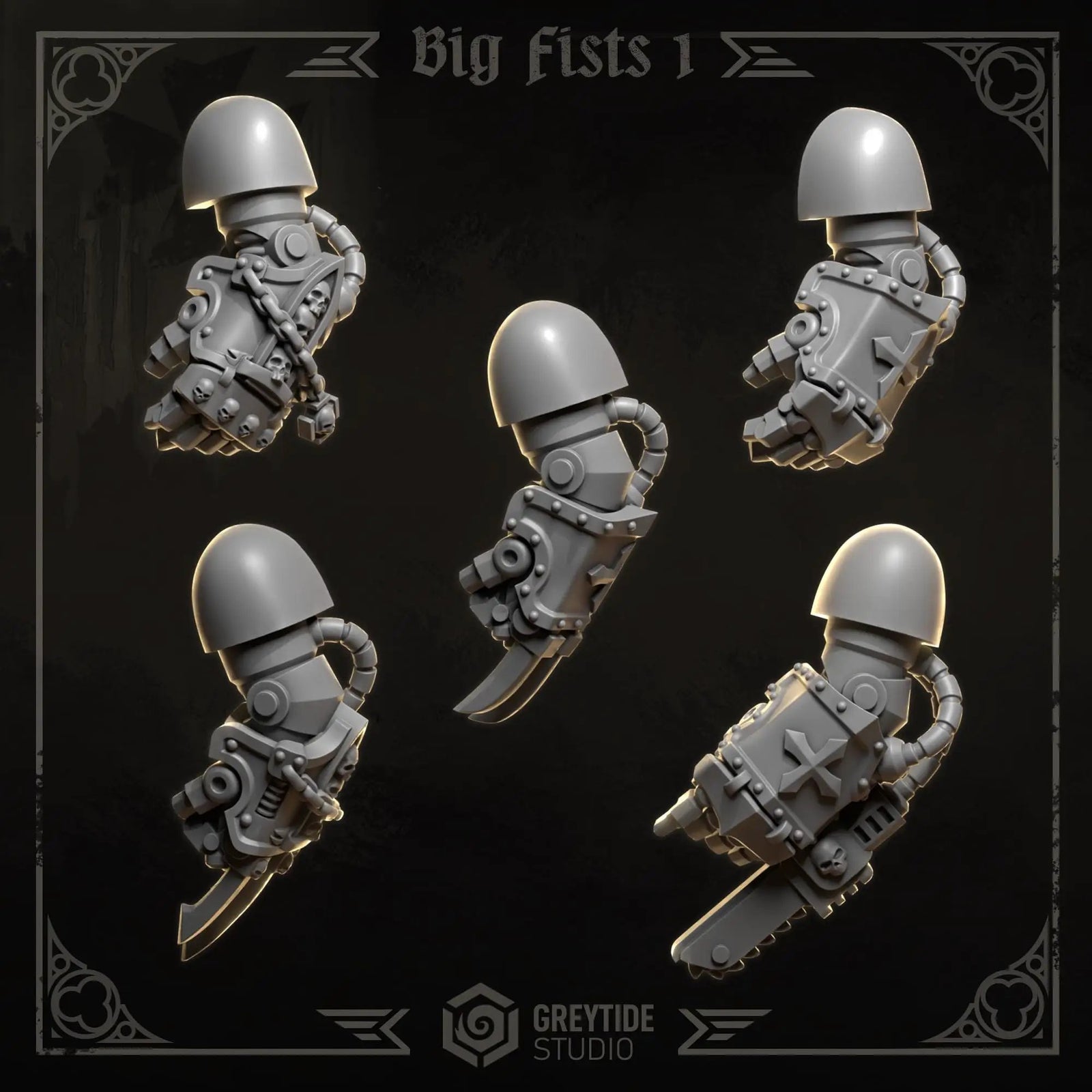 3D printed Eternal Crusader Big Fists upgrade kit by Greytide Studio for Last Hope Miniatures, featuring ten detailed fist pieces.