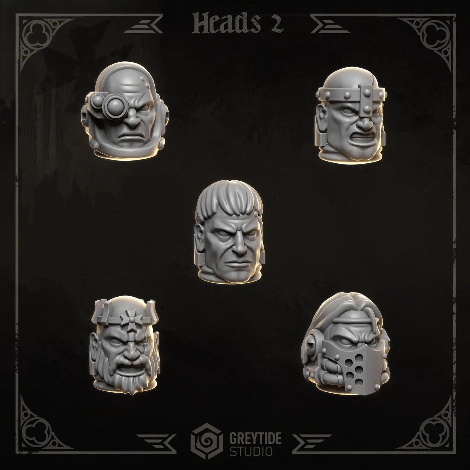 3D printed Eternal Crusader Heads #2 upgrade kit by Greytide Studio for Last Hope Miniatures, featuring detailed miniature heads.