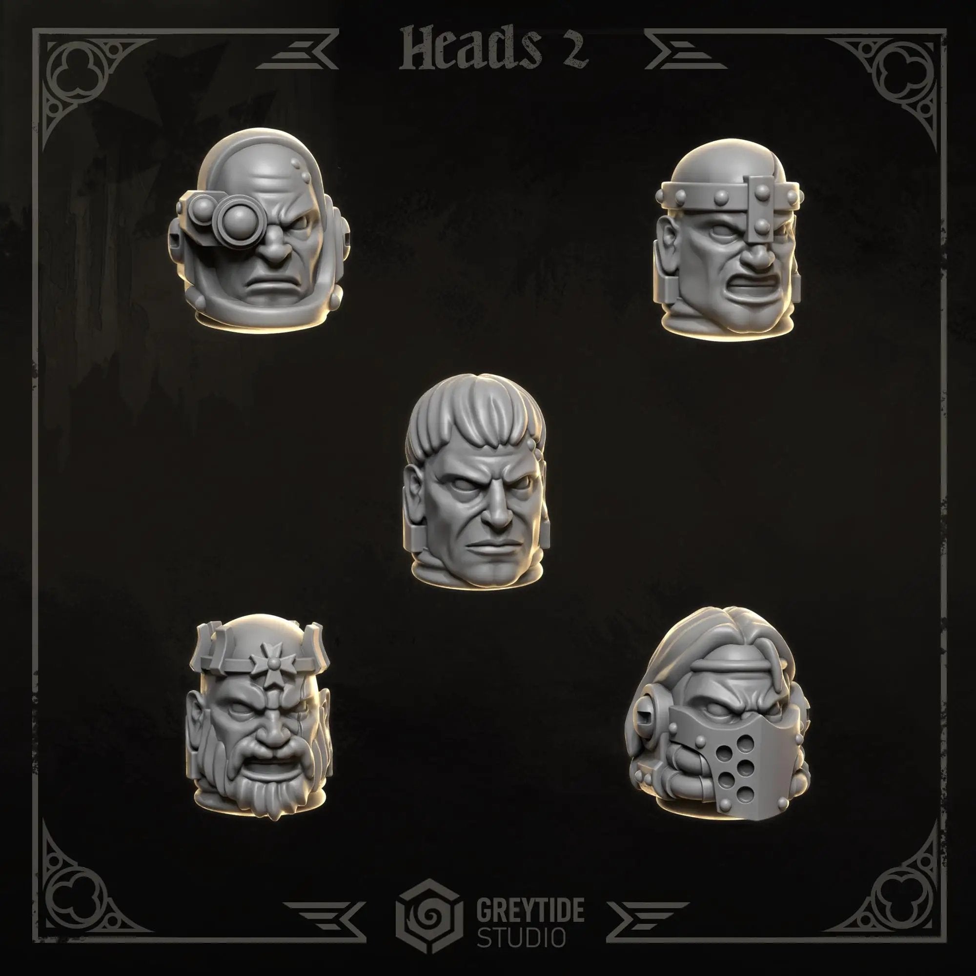 3D printed Eternal Crusader Heads #2 upgrade kit by Greytide Studio for Last Hope Miniatures, featuring detailed miniature heads.