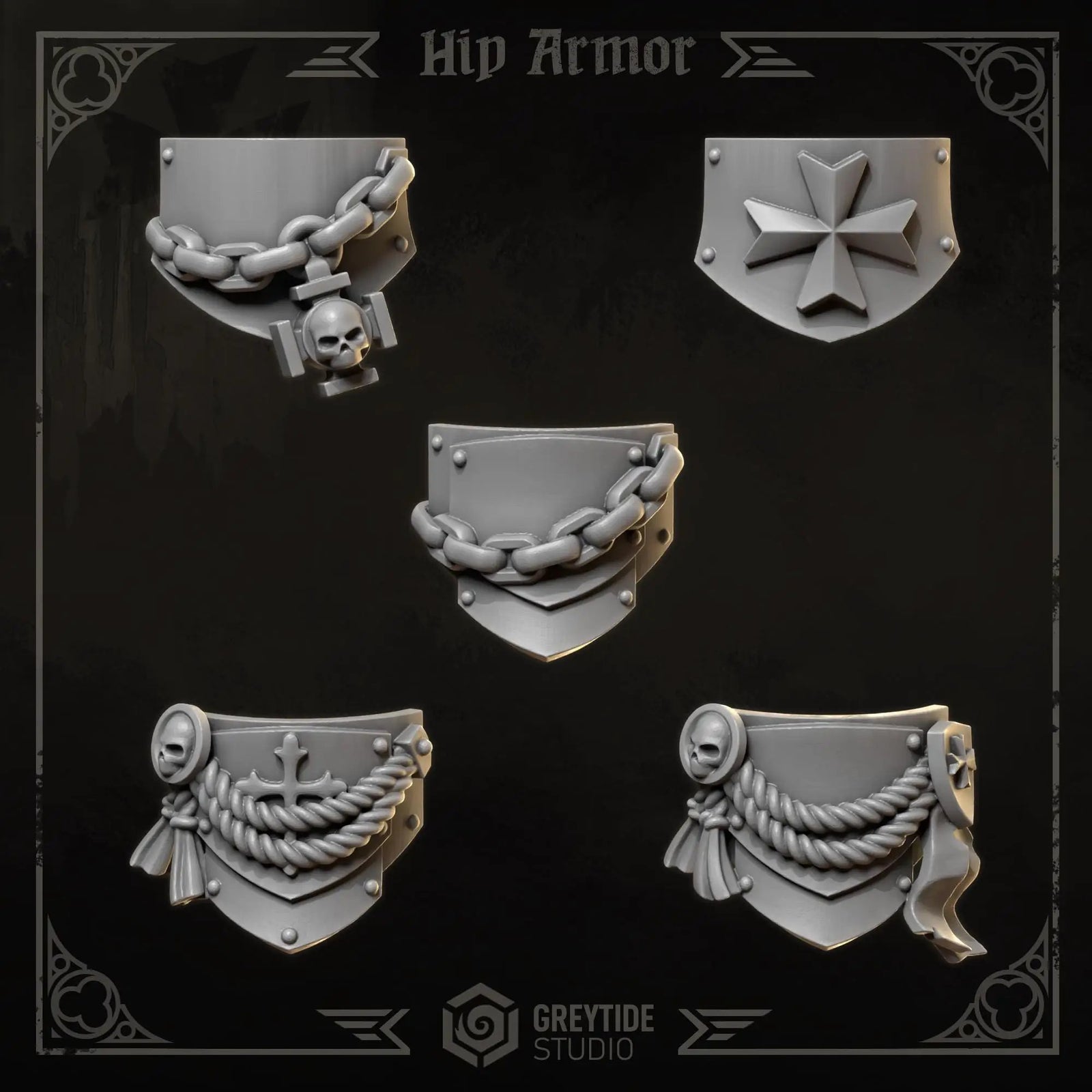 3D printed Eternal Crusader hip armor by Greytide Studio for Last Hope Miniatures, detailed sculpt with intricate design and textures.
