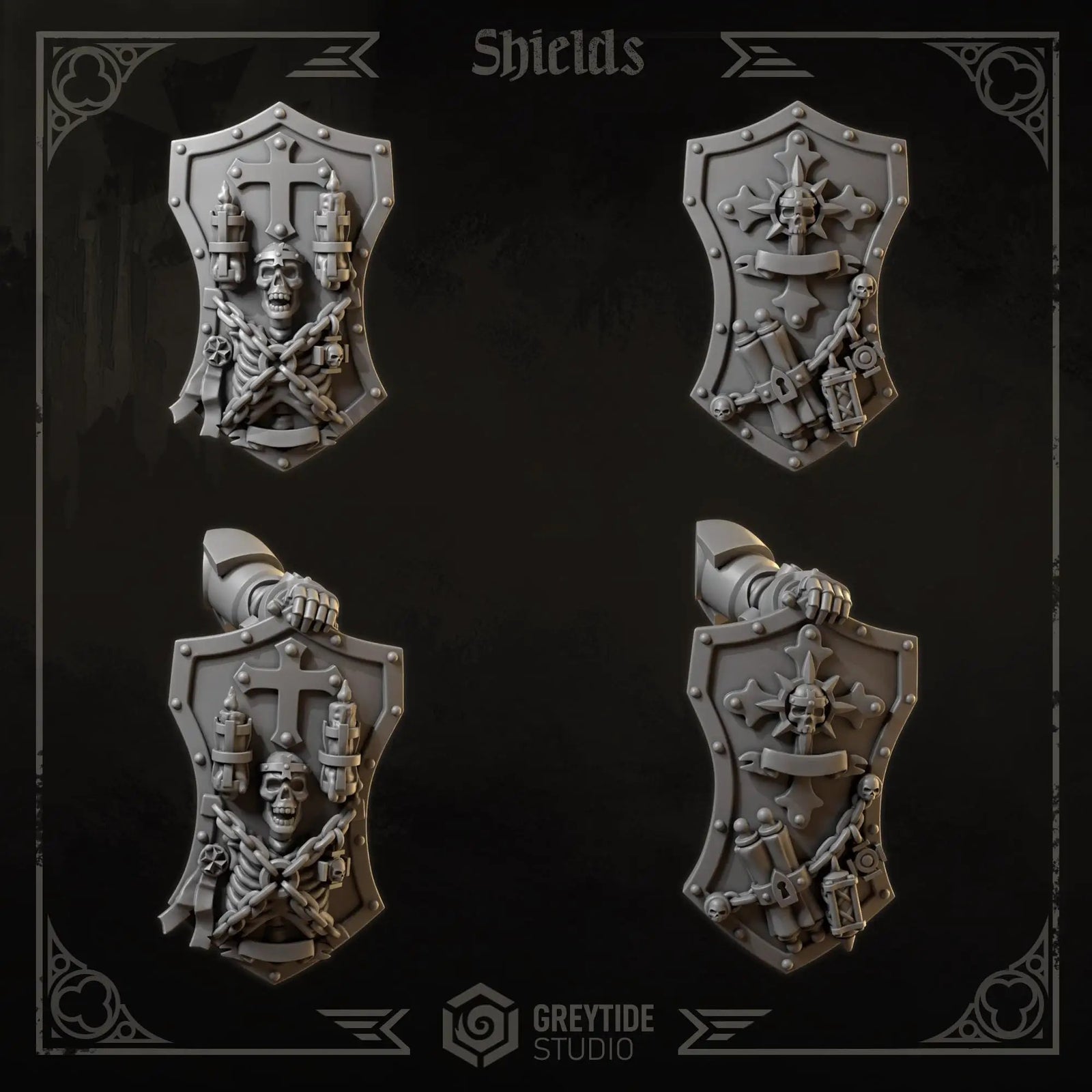 3D printed Eternal Crusader Shields upgrade kit by Last Hope Miniatures, featuring detailed shield designs for miniature gaming.