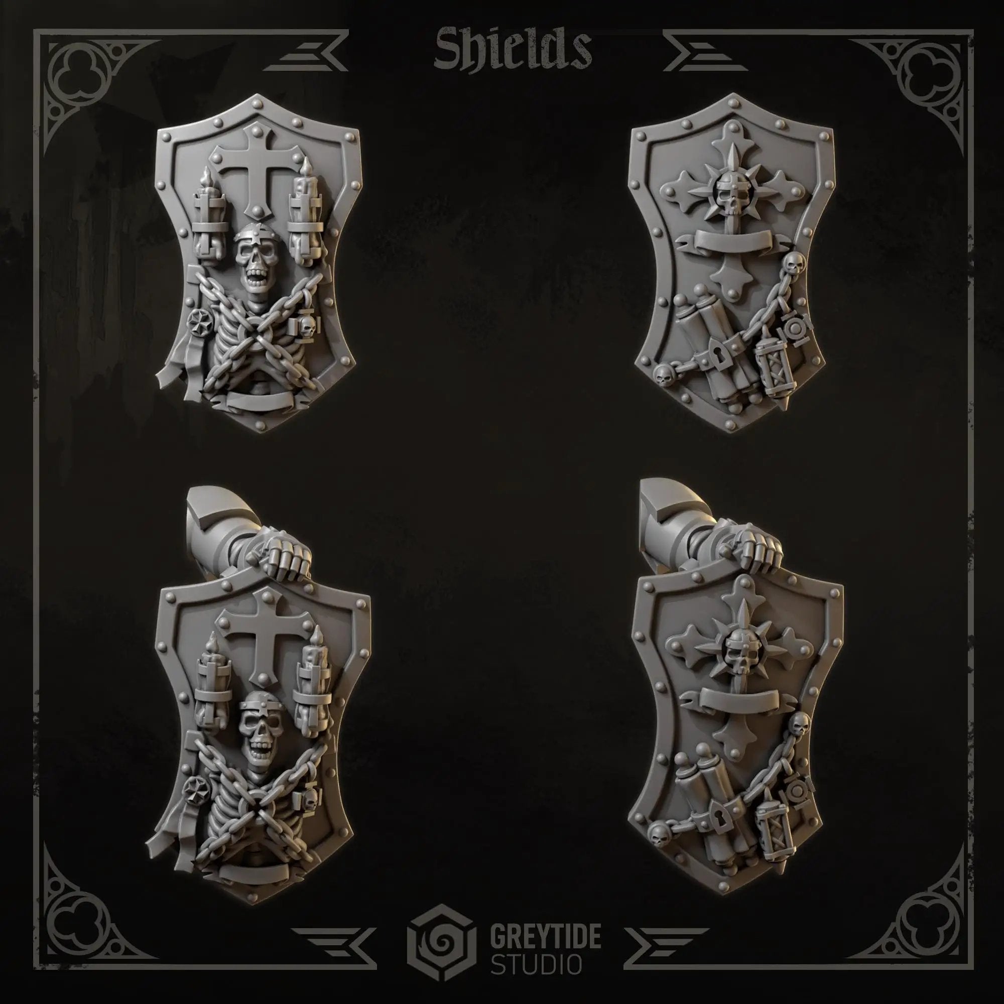 3D printed Eternal Crusader Shields upgrade kit by Last Hope Miniatures, featuring detailed shield designs for miniature gaming.