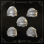 3D printed Eternal Crusader Shoulderpads #1 by Last Hope Miniatures, detailed grey armor shoulder pads for miniature figures.
