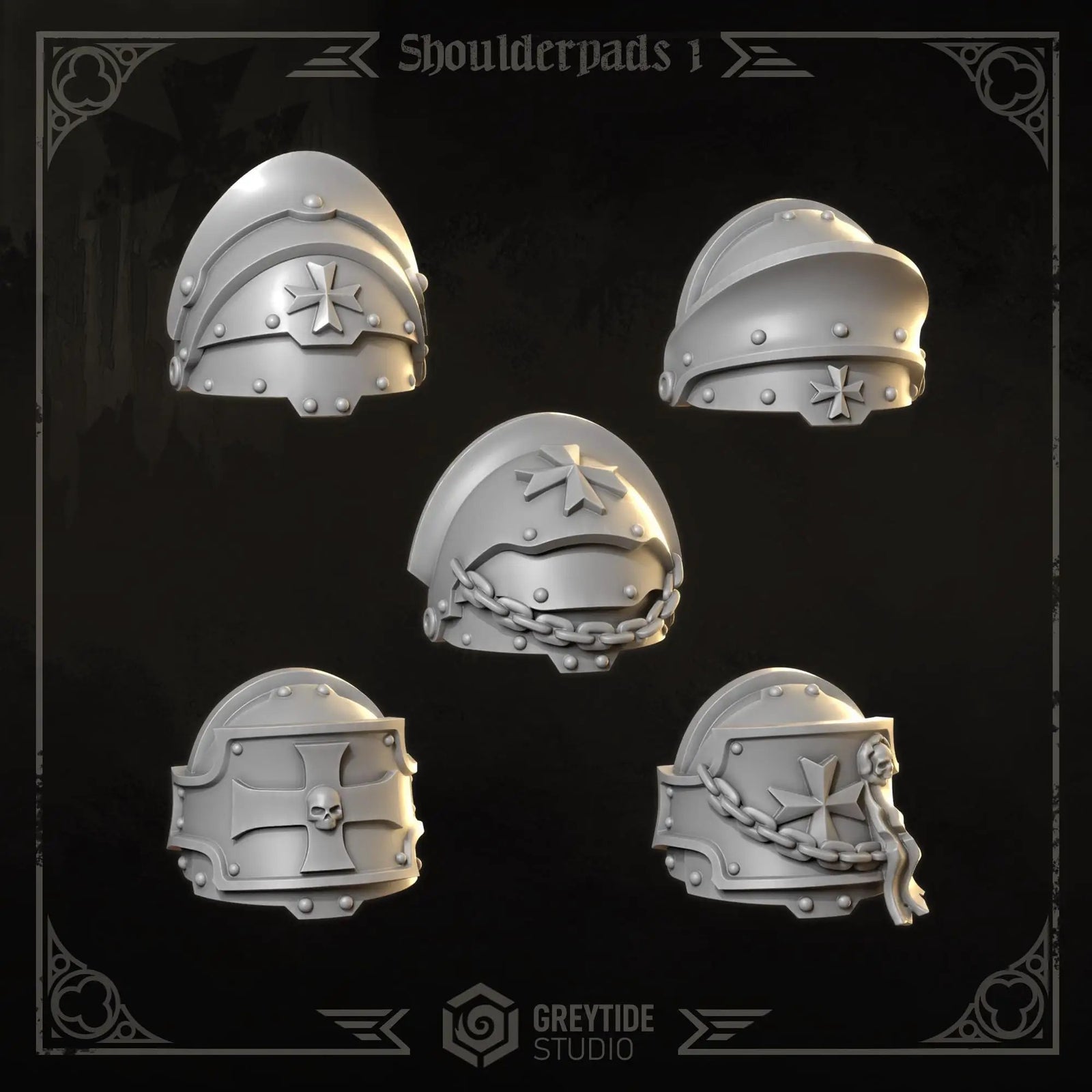 3D printed Eternal Crusader Shoulderpads #1 by Last Hope Miniatures, detailed grey armor shoulder pads for miniature figures.