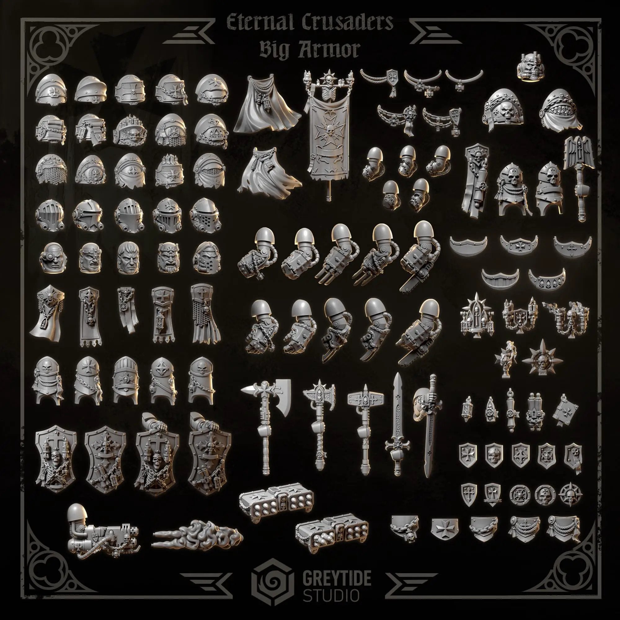 3D printed Eternal Crusader Shoulderpads by Last Hope Miniatures, featuring intricate armor details and a medieval fantasy design.