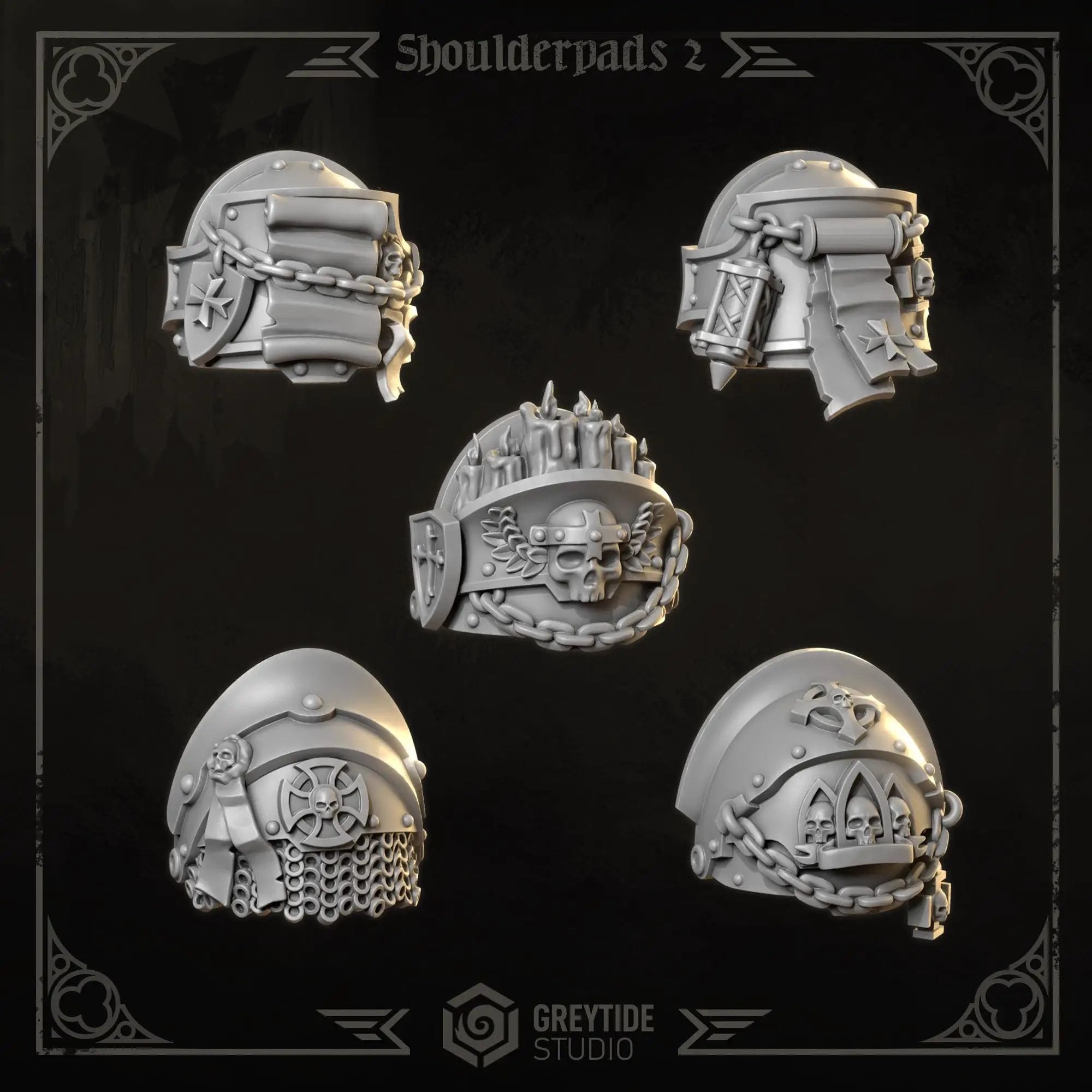 3D printed Eternal Crusader Shoulderpads #2 by Last Hope Miniatures, detailed grey armor shoulder pads for miniature figures.