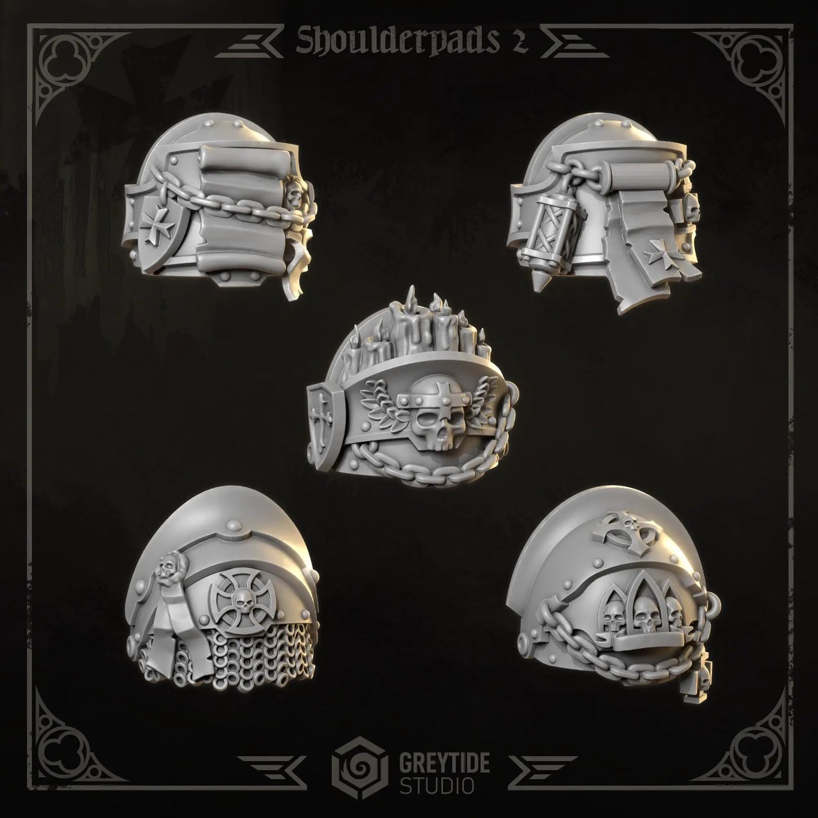 3D printed Eternal Crusader Shoulderpads by Greytide Studio, part of Last Hope Miniatures, shown on a plain background.