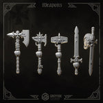3D printed Eternal Crusader weapons upgrade kit by Last Hope Miniatures for Greytide Studio, featuring detailed miniature weapon parts.