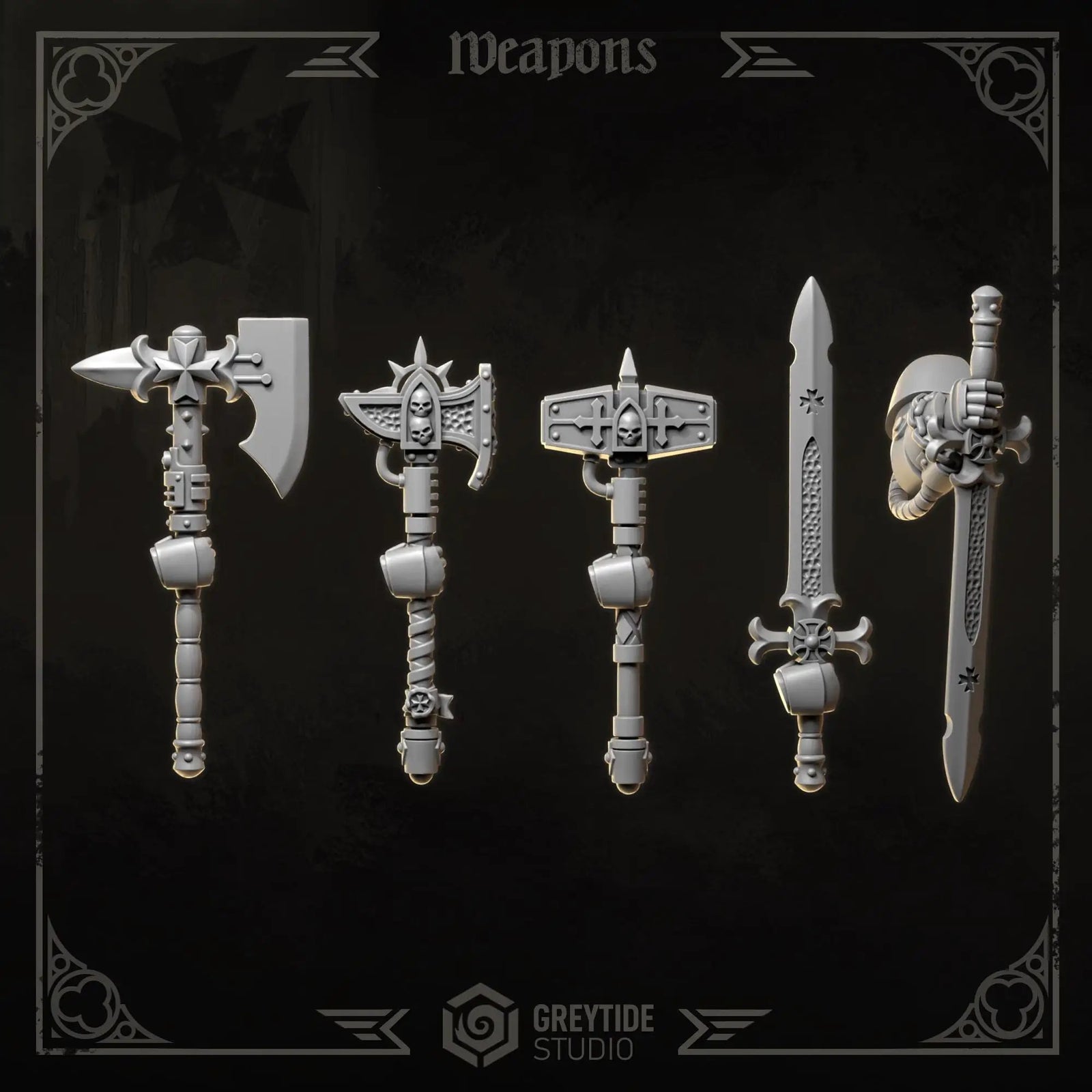 3D printed Eternal Crusader weapons upgrade kit by Last Hope Miniatures for Greytide Studio, featuring detailed miniature weapon parts.