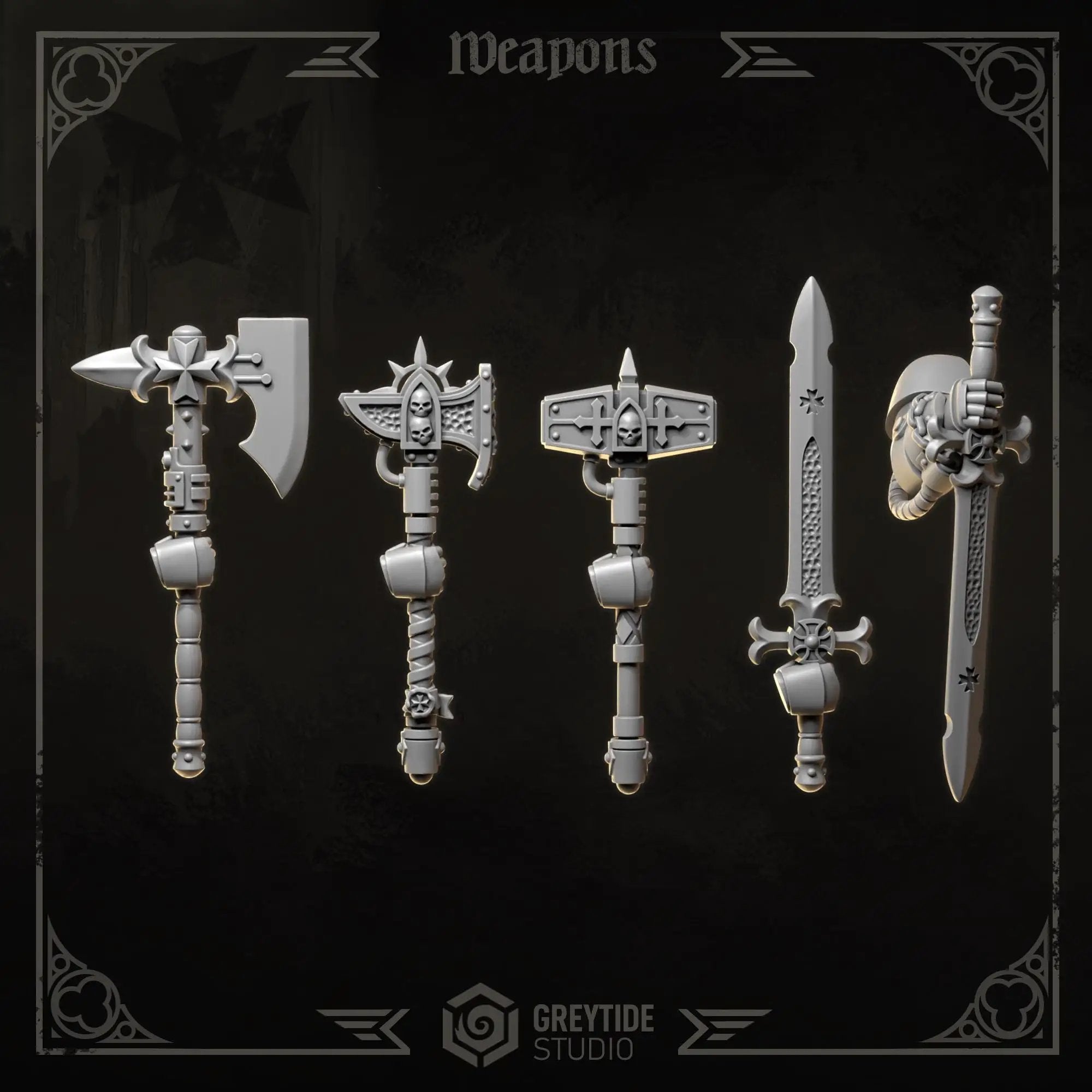 3D printed Eternal Crusader weapons upgrade kit by Last Hope Miniatures for Greytide Studio, featuring detailed miniature weapon parts.
