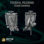 Five 3D printed Eternal Pilgrim banners by Last Hope Miniatures, featuring detailed designs from Greytide Studio.