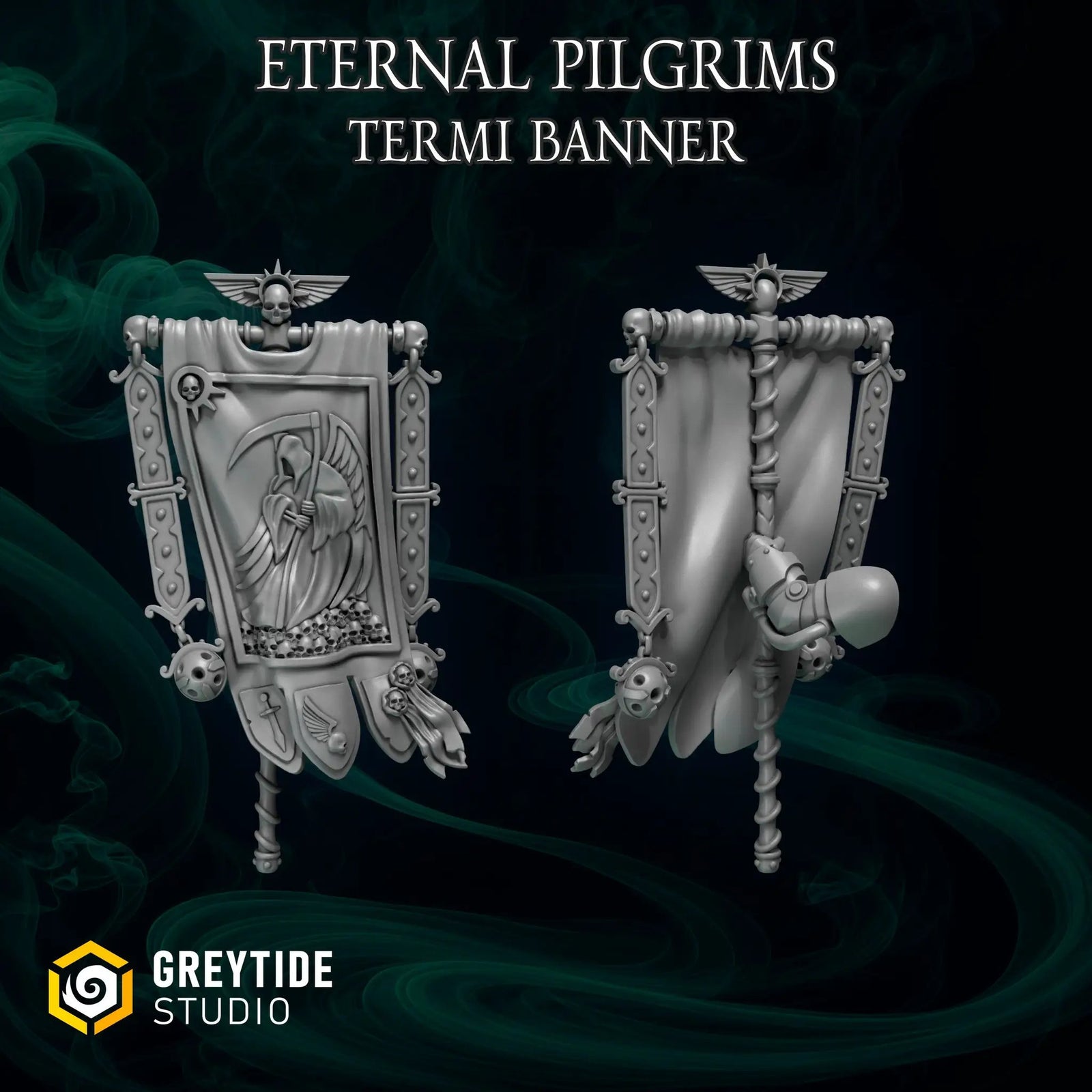 3D printed Eternal Pilgrim banners by Last Hope Miniatures for Greytide Studio, featuring intricate designs and detailed craftsmanship.