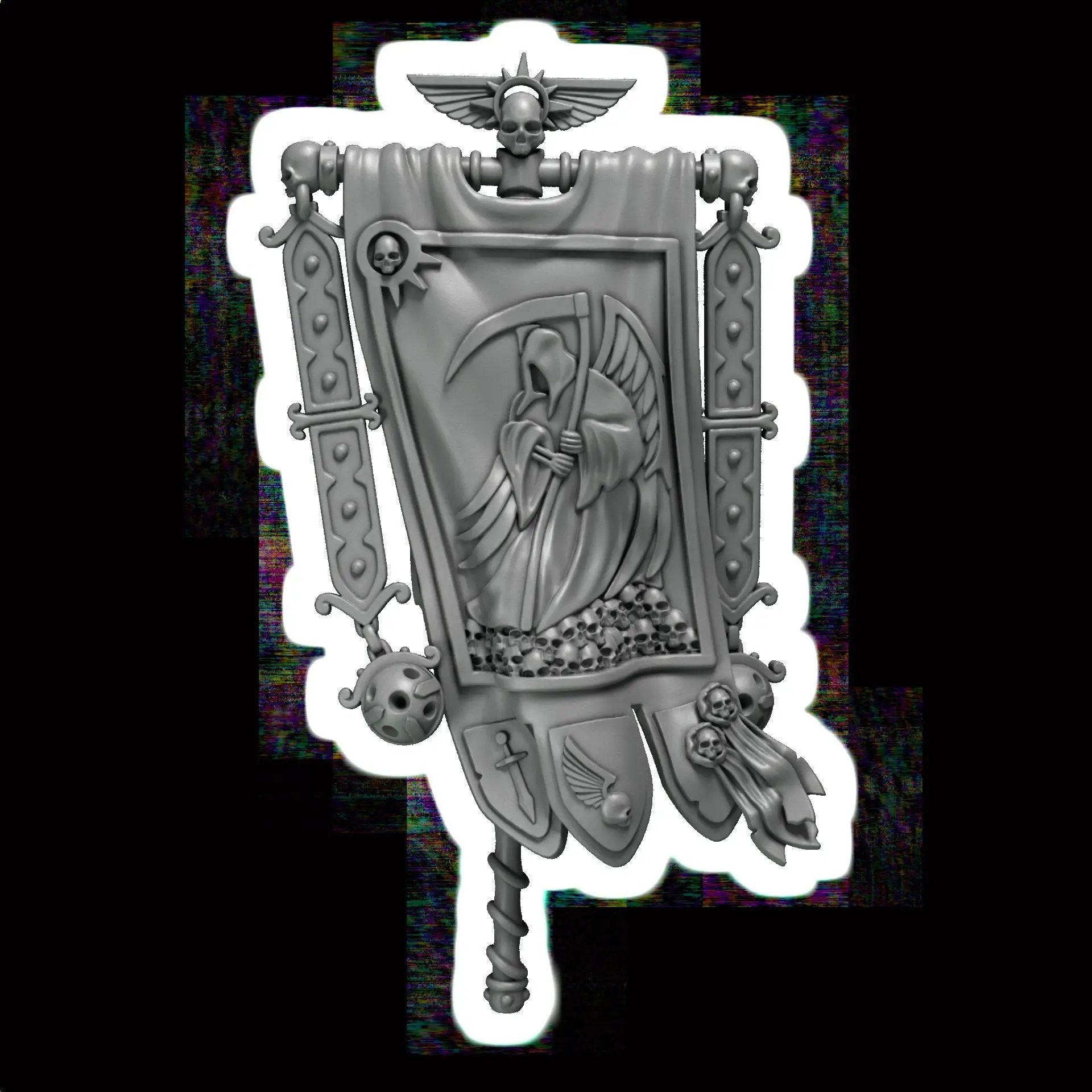3D printed Eternal Pilgrim banners by Last Hope Miniatures for Greytide Studio, featuring detailed fantasy banner designs.