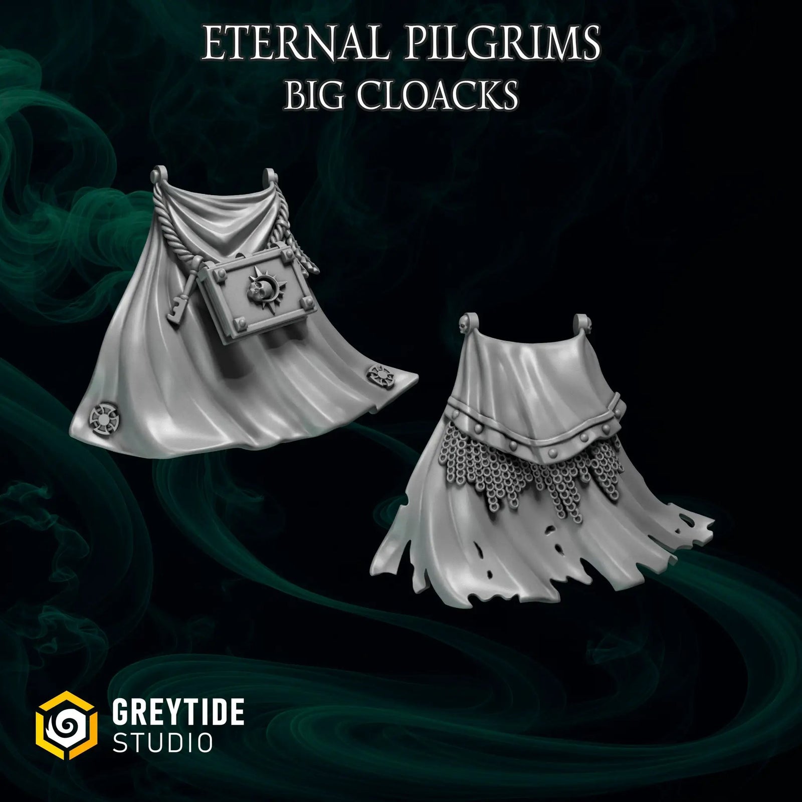 Set of five 3D printed Eternal Pilgrim Big Cloaks miniatures by Last Hope Miniatures for Greytide Studio, detailed cloaks and robes.
