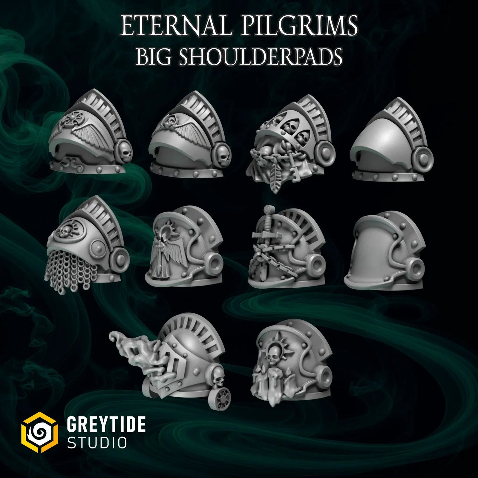 3D printed Eternal Pilgrim big shoulder pads by Greytide Studio for Last Hope Miniatures, shown in detailed gray resin.