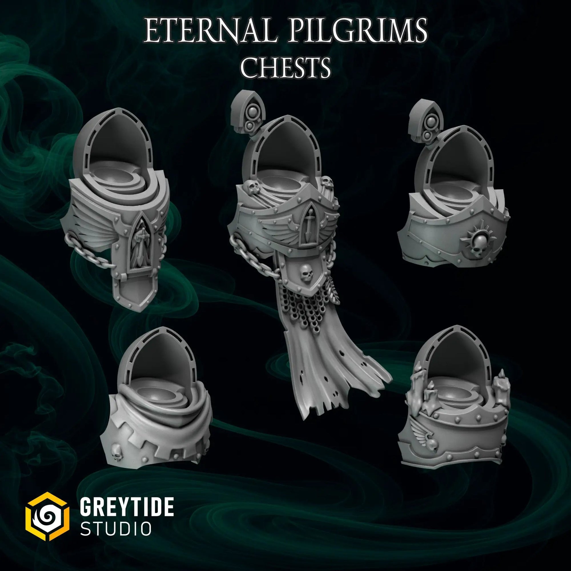 Set of five 3D printed Eternal Pilgrim Chests by Last Hope Miniatures from Greytide Studio, featuring detailed miniature chests.