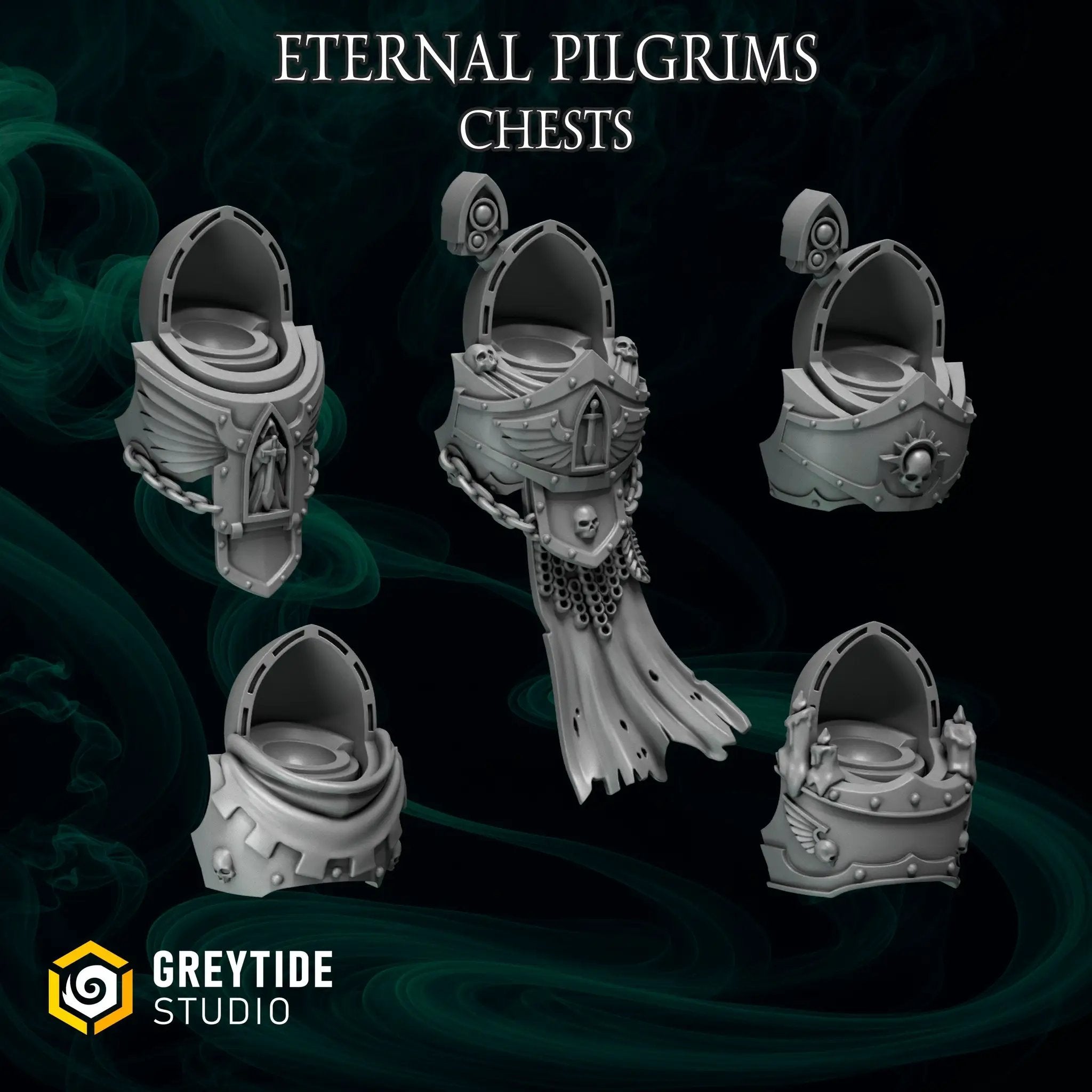 Set of five 3D printed Eternal Pilgrim Chests by Last Hope Miniatures from Greytide Studio, featuring detailed miniature chests.