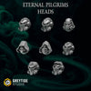 Set of 16 3D printed Eternal Pilgrim heads and helmets by Last Hope Miniatures from Greytide Studio, detailed miniature accessories.