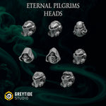 Set of 16 3D printed Eternal Pilgrim heads and helmets by Last Hope Miniatures from Greytide Studio, detailed miniature accessories.